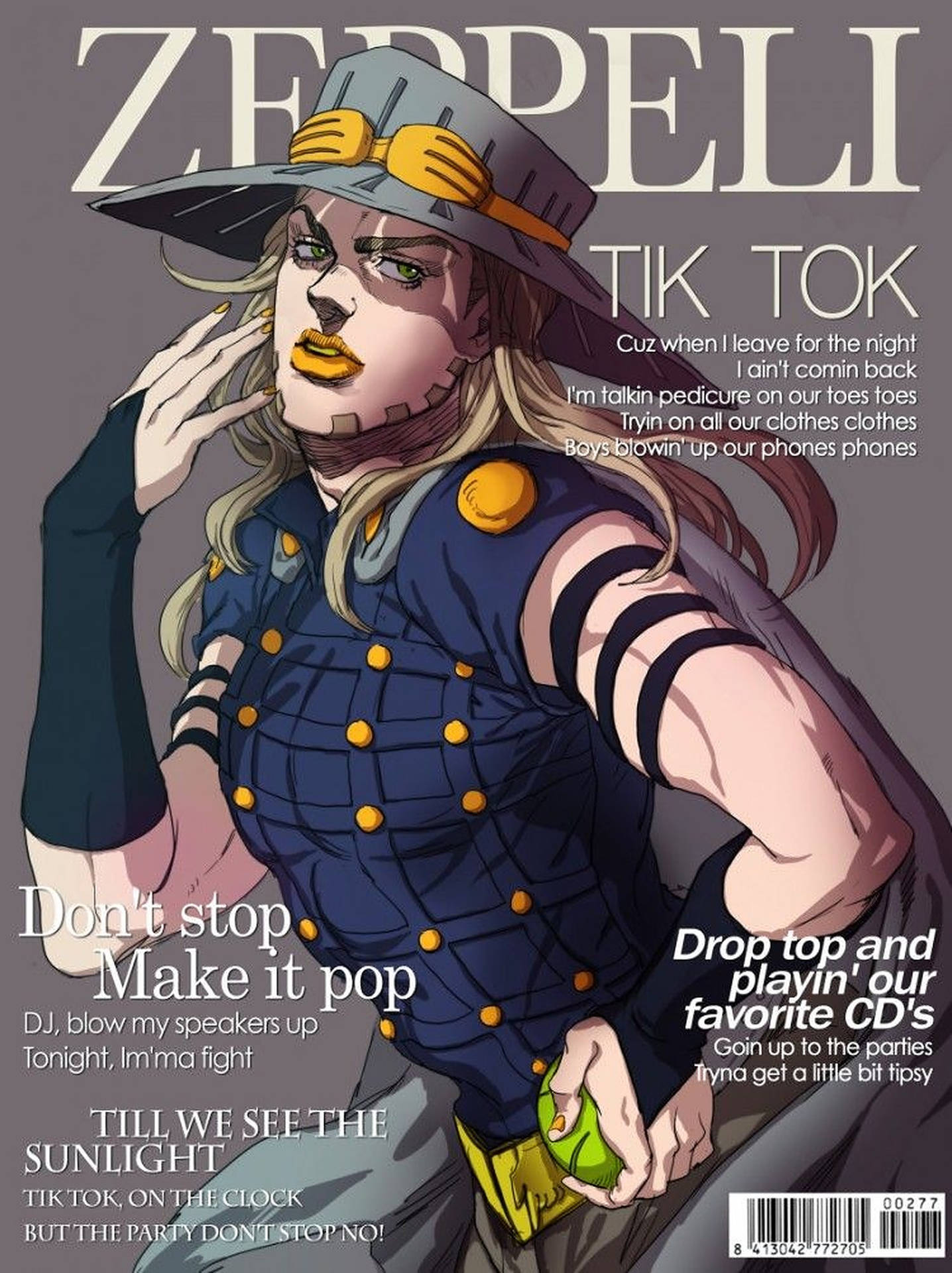 穿著藍色服裝和帽子的動漫女性在雜誌封面上，帶有粗體文字。