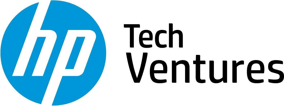 H P Tech Ventures 標誌 壁紙 — 藍色圓形HP標誌，帶有風格化的hp字母，旁邊是黑色文字「Tech Ventures」，背景為純綠色。