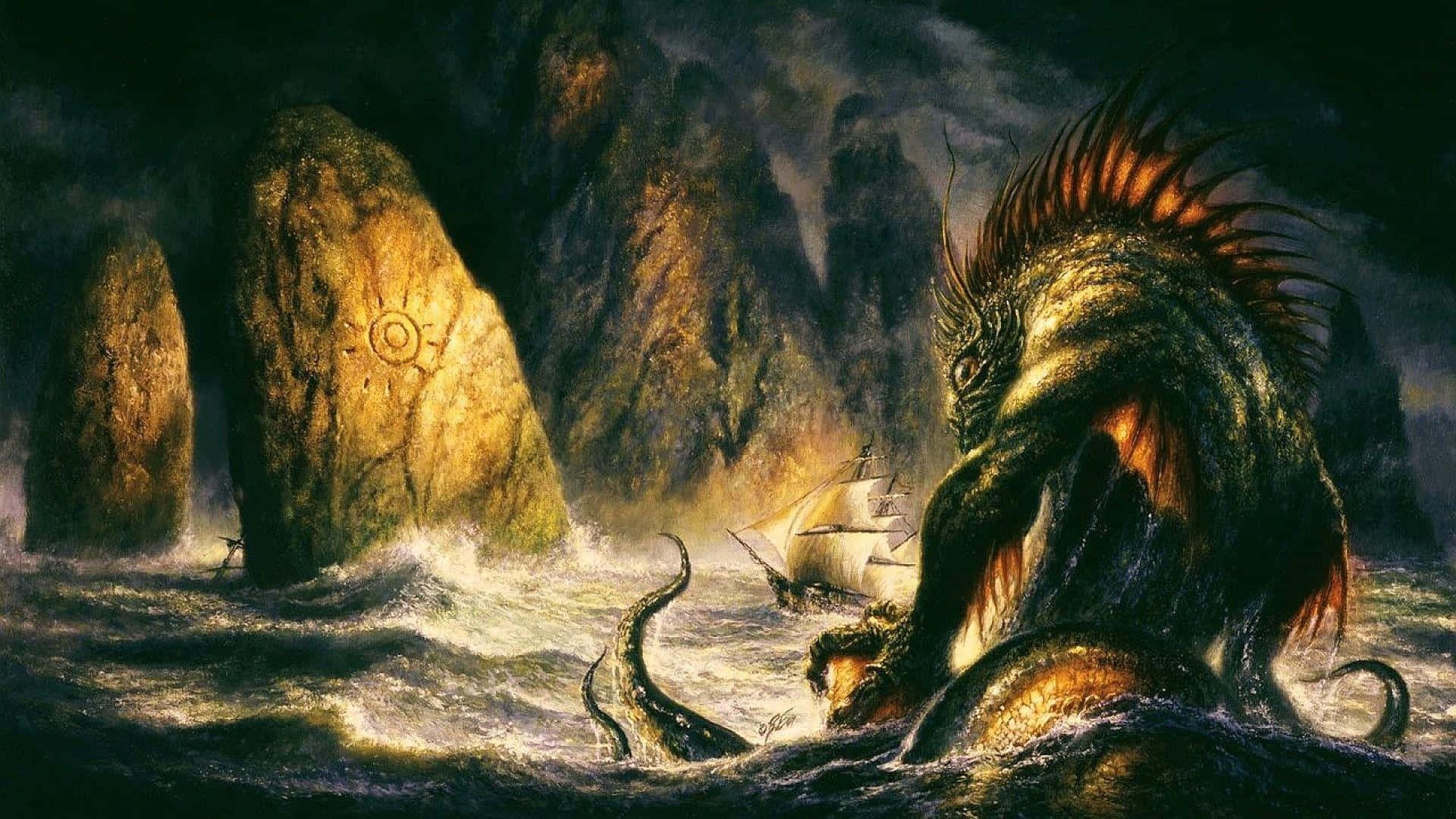 H.P. 戈克世界中的恐怖之夜 壁紙 — 一隻巨大的海怪，帶有發光的橙色尖刺，從暴風雨的海域中出現，攻擊靠近巨型岩石的帆船。
