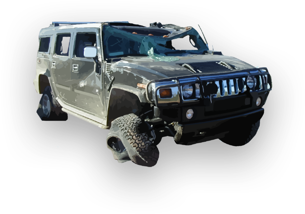 銀色悍馬H2 SUV 壁紙 — 一輛損壞的銀色悍馬SUV，擋風玻璃破裂，輪胎抬起，背景為深色漸變。