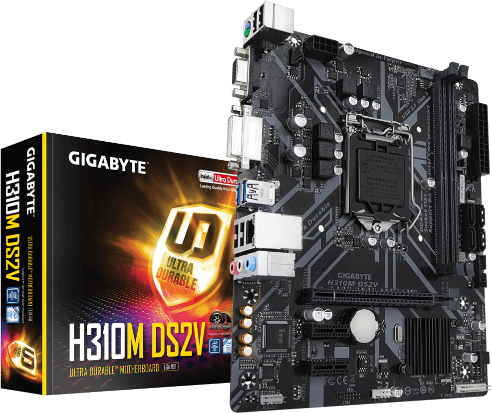 技嘉 H310M DS2V 主機板與包裝盒 壁紙 — 黑色Gigabyte H310M DS2V主機板展示在其產品盒旁邊，帶有發光的橙色品牌標誌。
