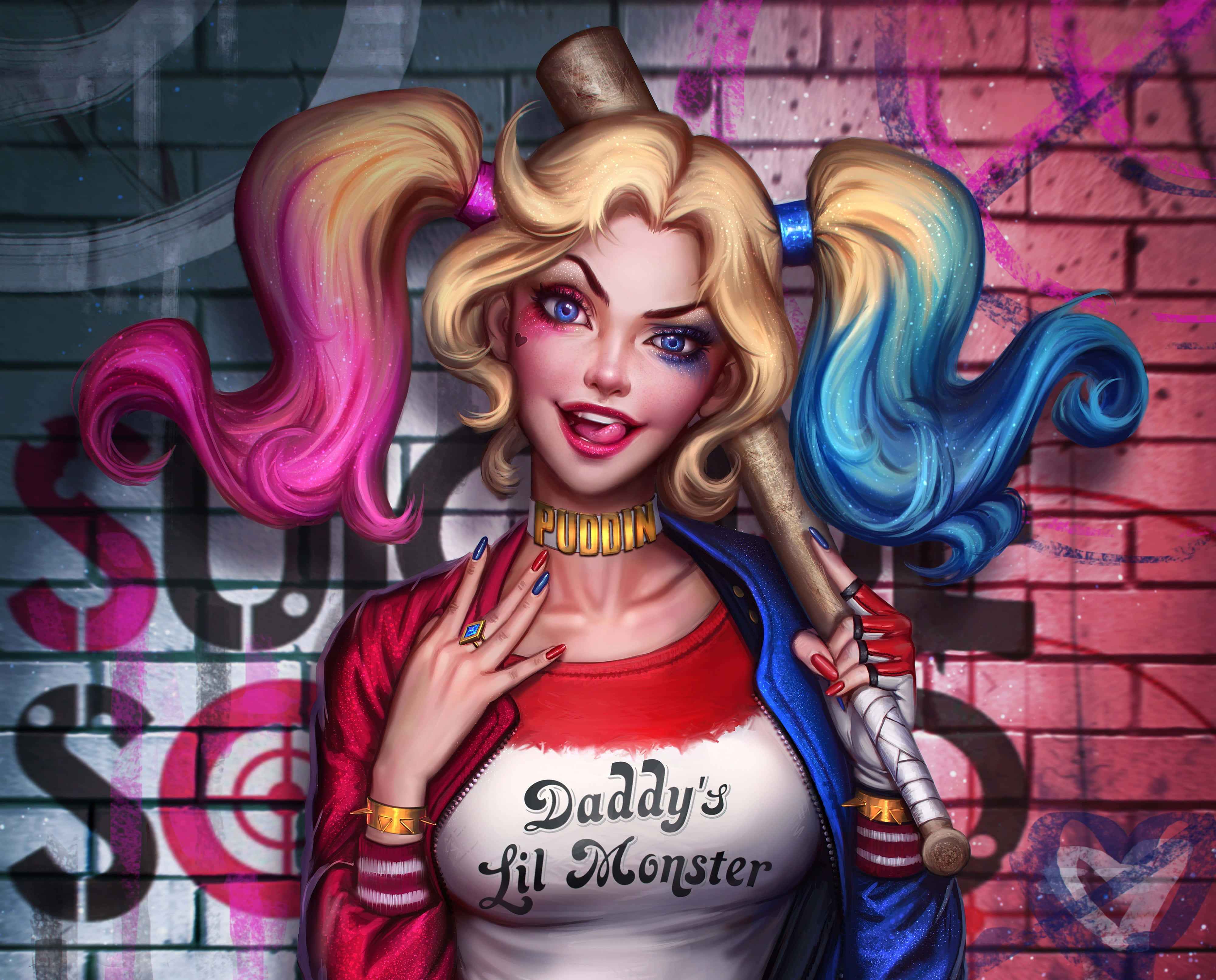 Harley Quinn Baseball Bat 桌布 壁紙 — 哈莉·奎茵扎著粉紅色和藍色的雙馬尾，微笑著手持棒球棍，背景是塗鴉磚牆。
