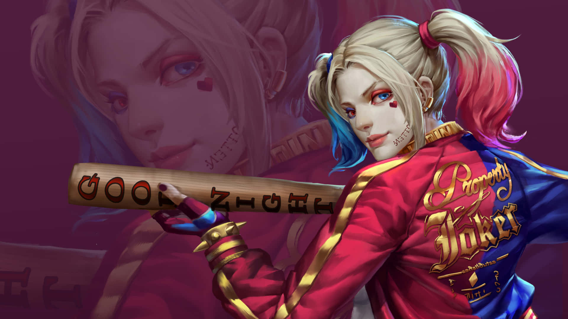  壁紙 — 哈莉·奎茵穿著紅藍外套，手持寫有「Property of Joker」的棒球棍，背景為紫色。