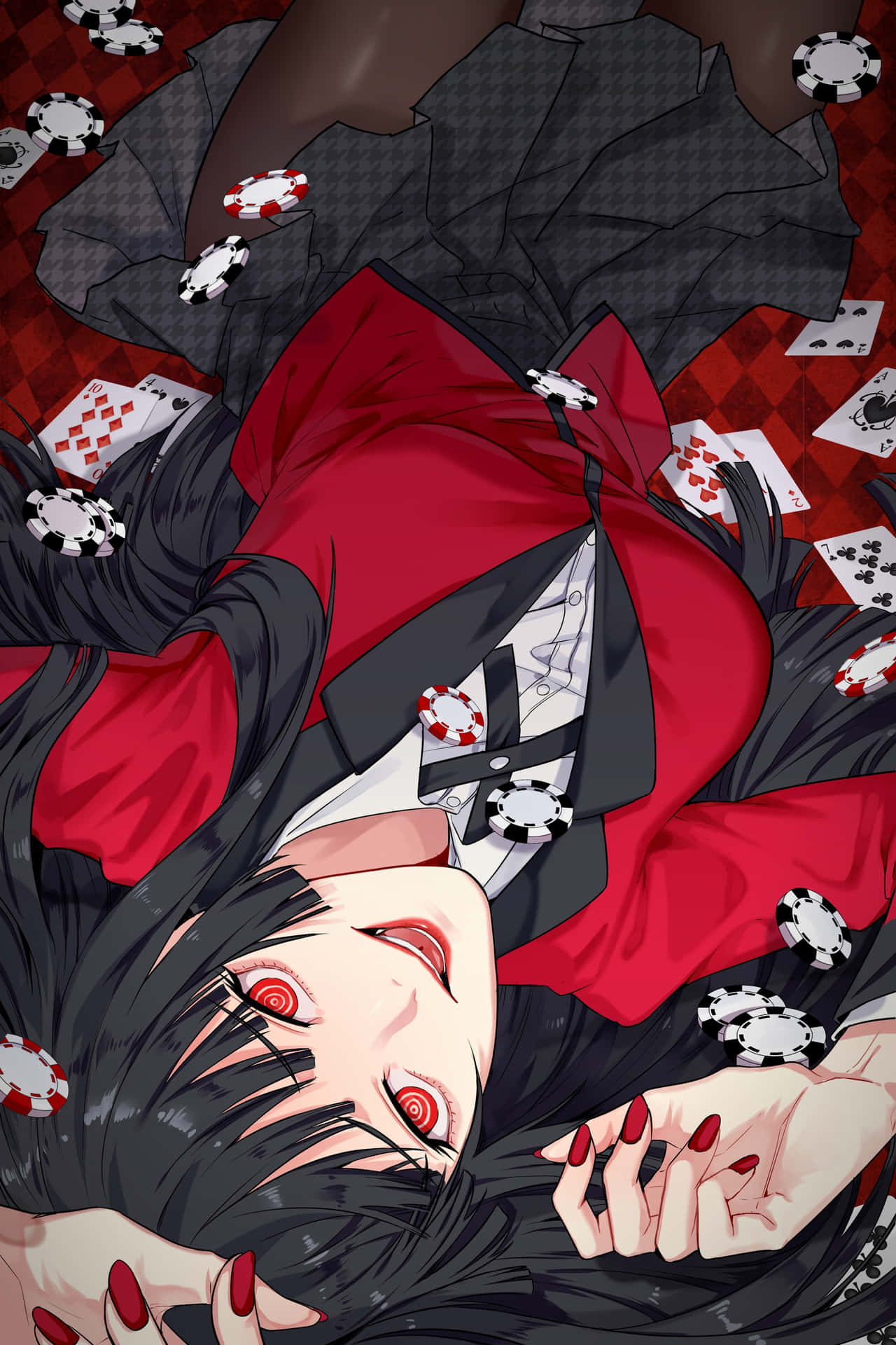  壁紙 — 一個黑髮紅眼嘅動漫女仔躺喺棋盤格地板上面，周圍散落住籌碼同啤牌。