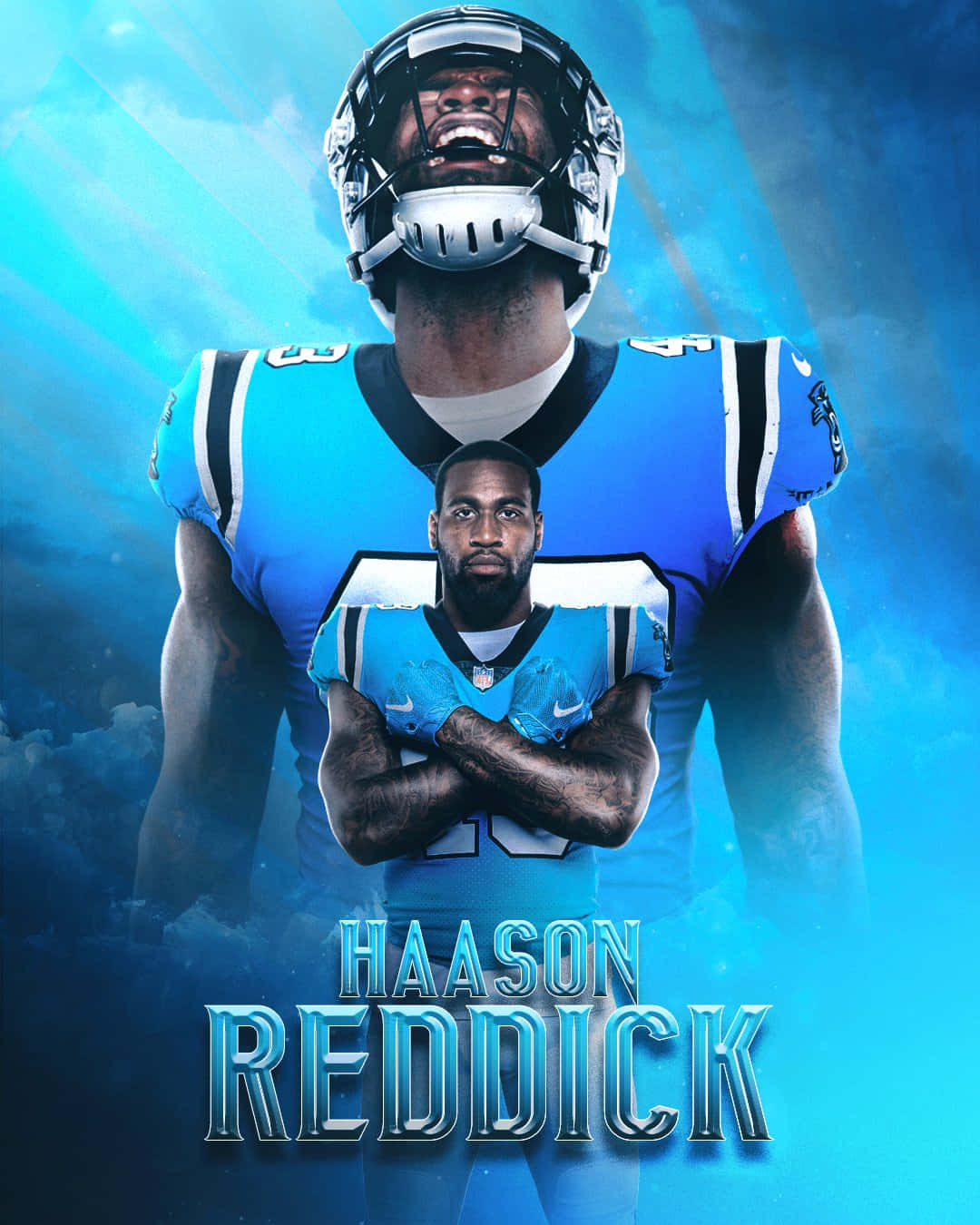 Haason Reddick海報藝術 壁紙 — 一名身穿藍色球衣的足球員交叉雙臂站立，而一個更大的自己在他身後對著發光的藍色背景咆哮。