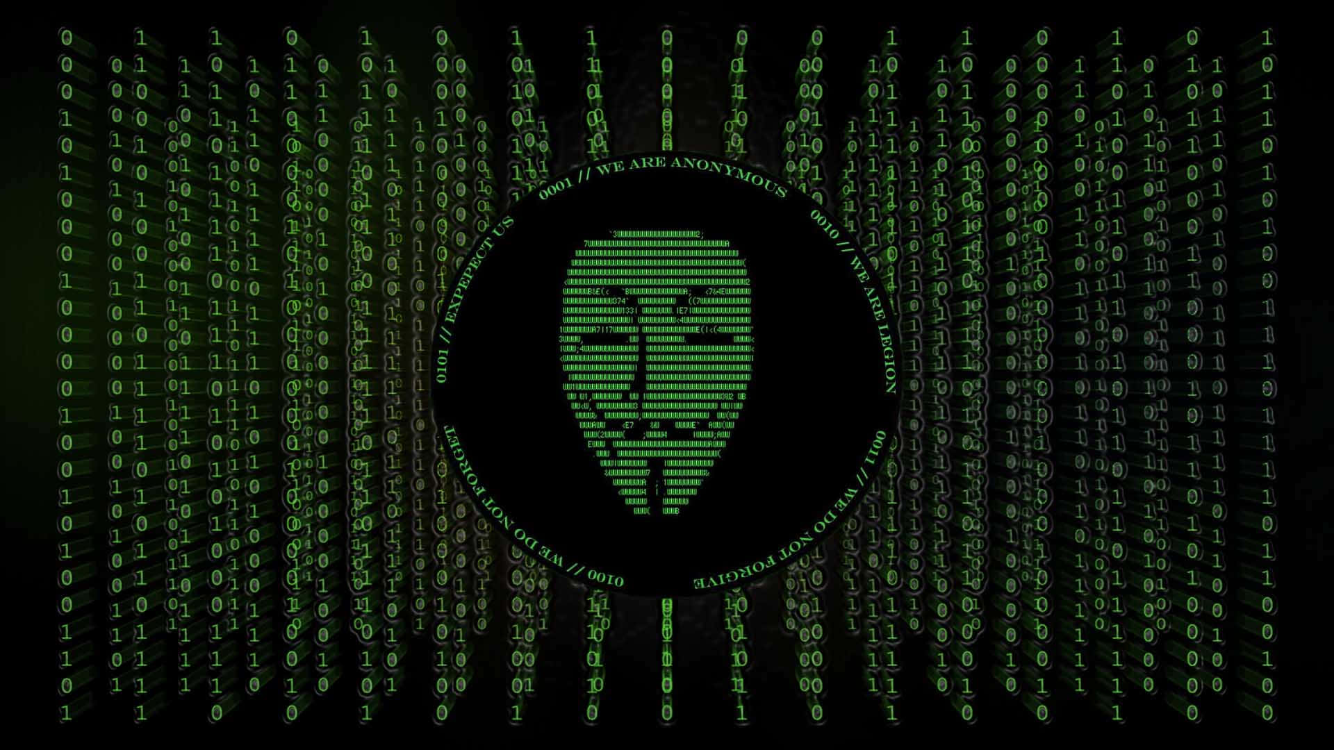 帶有Anonymous面具和文字的綠色數字矩陣