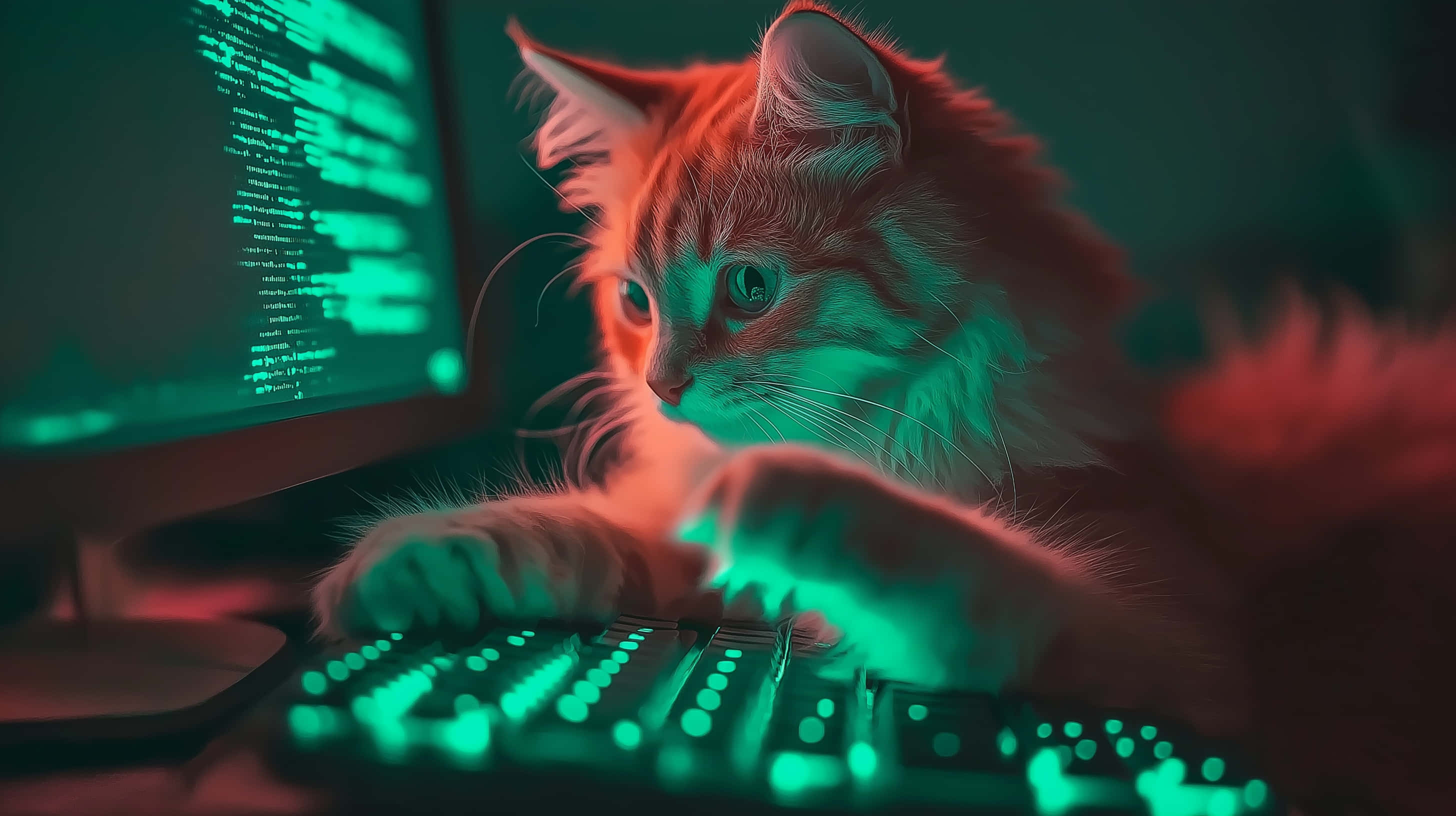 橘貓在夜間 hacking 電腦 壁紙 — 一隻毛茸茸的橙色貓咪在顯示滾動代碼的顯示器旁邊，專注地在發光的綠色鍵盤上打字。