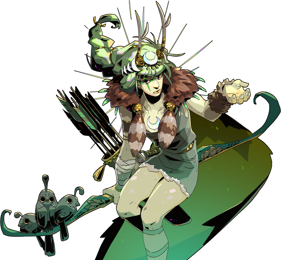 Hades 遊戲中的 Artemis 角色 壁紙 — 一位兇猛的綠髮弓箭手，頭戴鹿角頭飾，背著箭袋，與貓頭鷹同伴一起站在一個綠葉平台上。