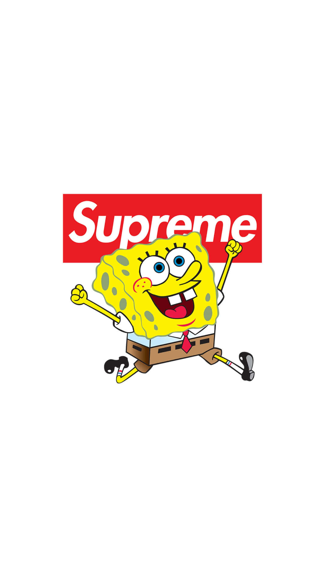  壁紙 — 海綿寶寶在白色背景上，快樂地奔跑在紅色Supreme標誌下方。