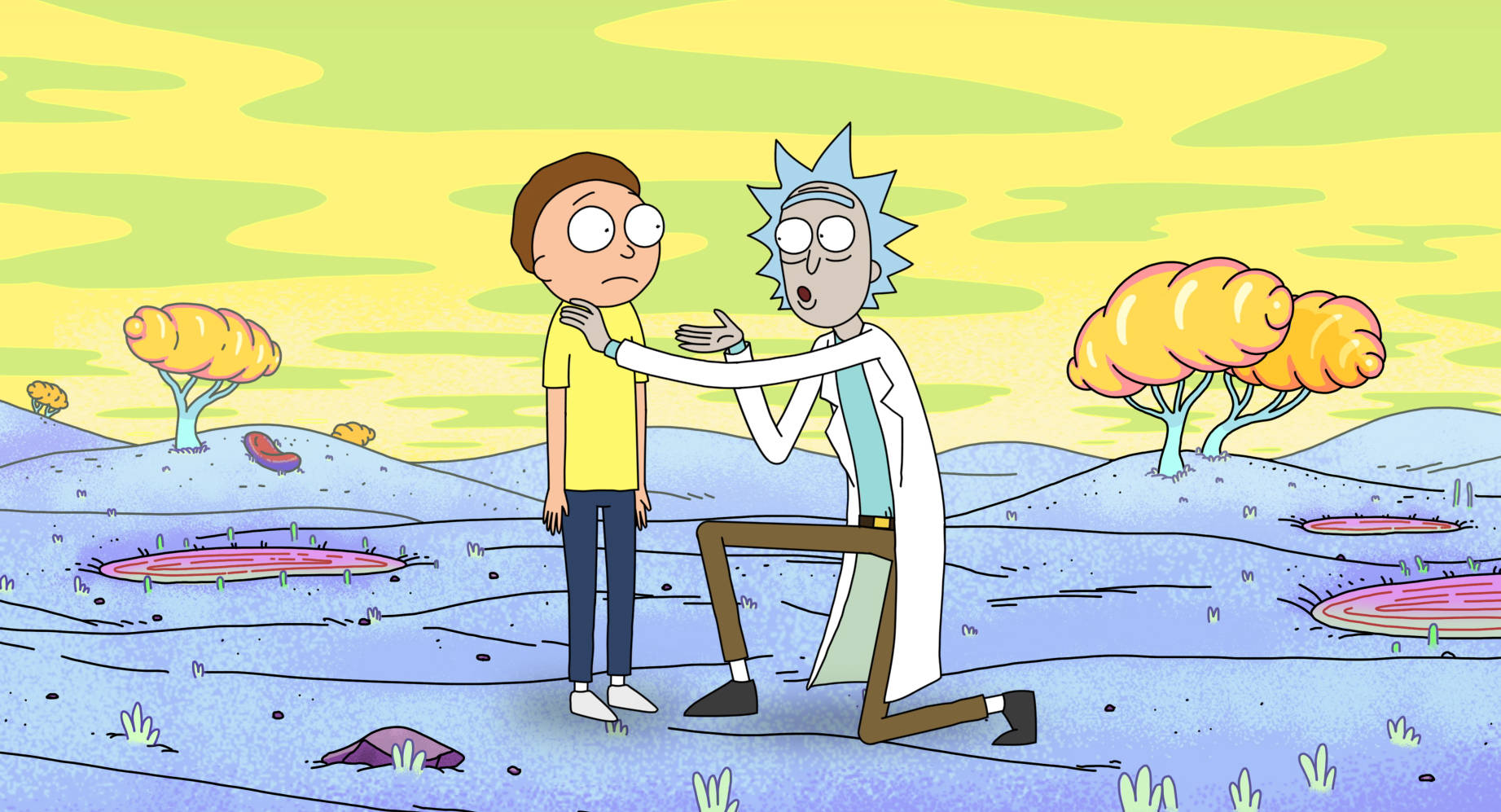 Rick Sanchez 喺一個有發光樹木同粉紅色水池嘅怪異外星世界中跪喺 Morty Smith 面前。