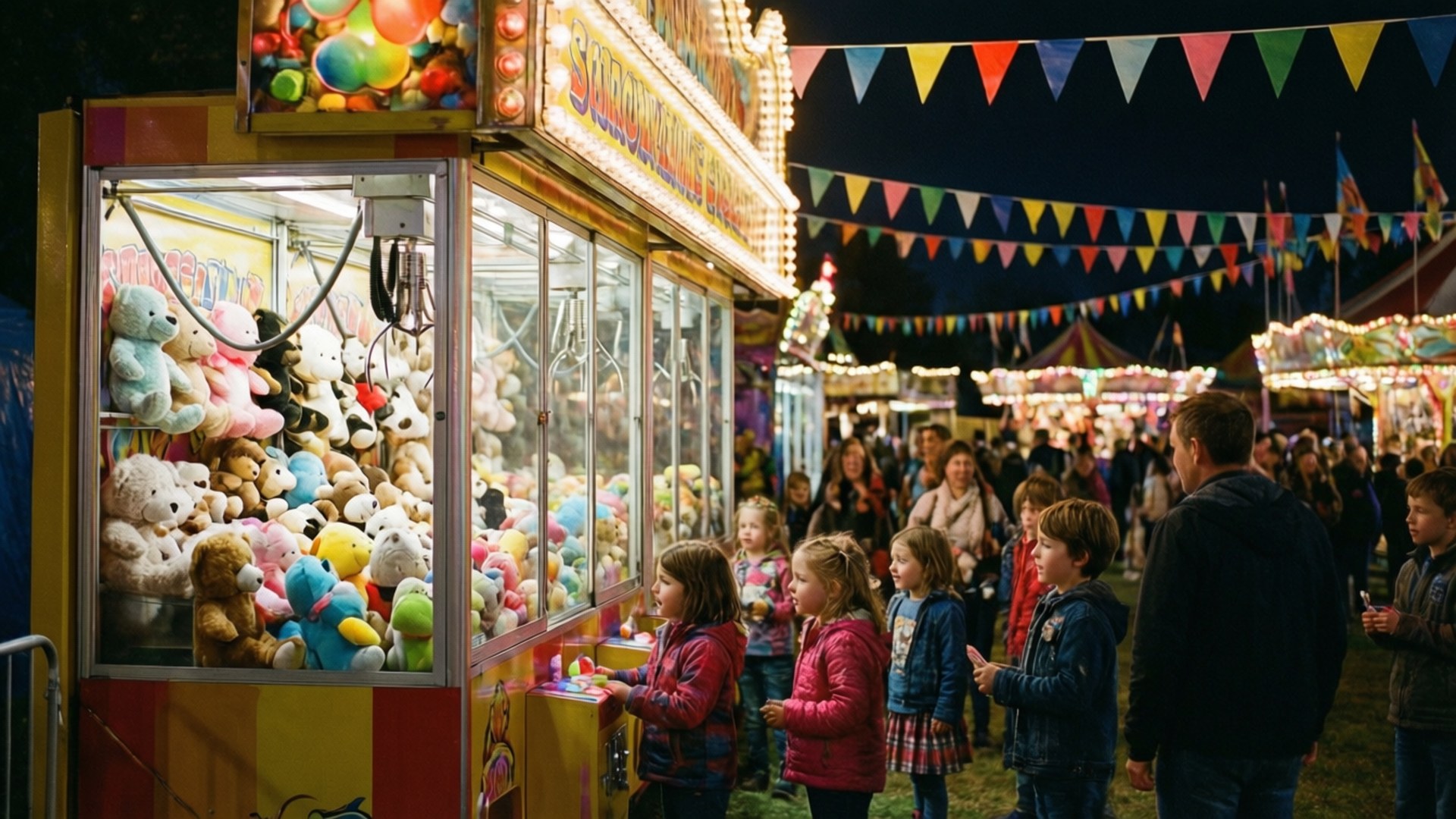 Carnival Game Night 壁紙 — 孩子們聚集在一個燈光明亮的夾娃娃機周圍，機內裝滿了色彩繽紛的毛絨動物，背景是熱鬧的夜間嘉年華。