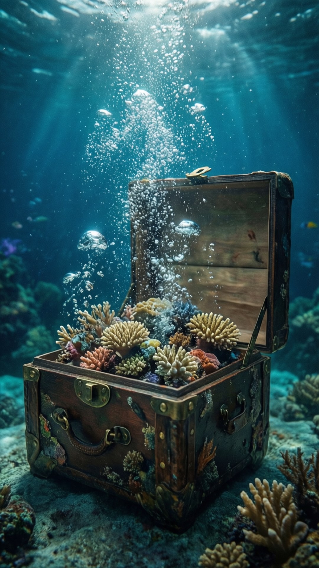 海底開箱 壁紙 — 海底一個打開的木製寶箱滿載色彩繽紛的珊瑚，陽光穿過水面照射下來。