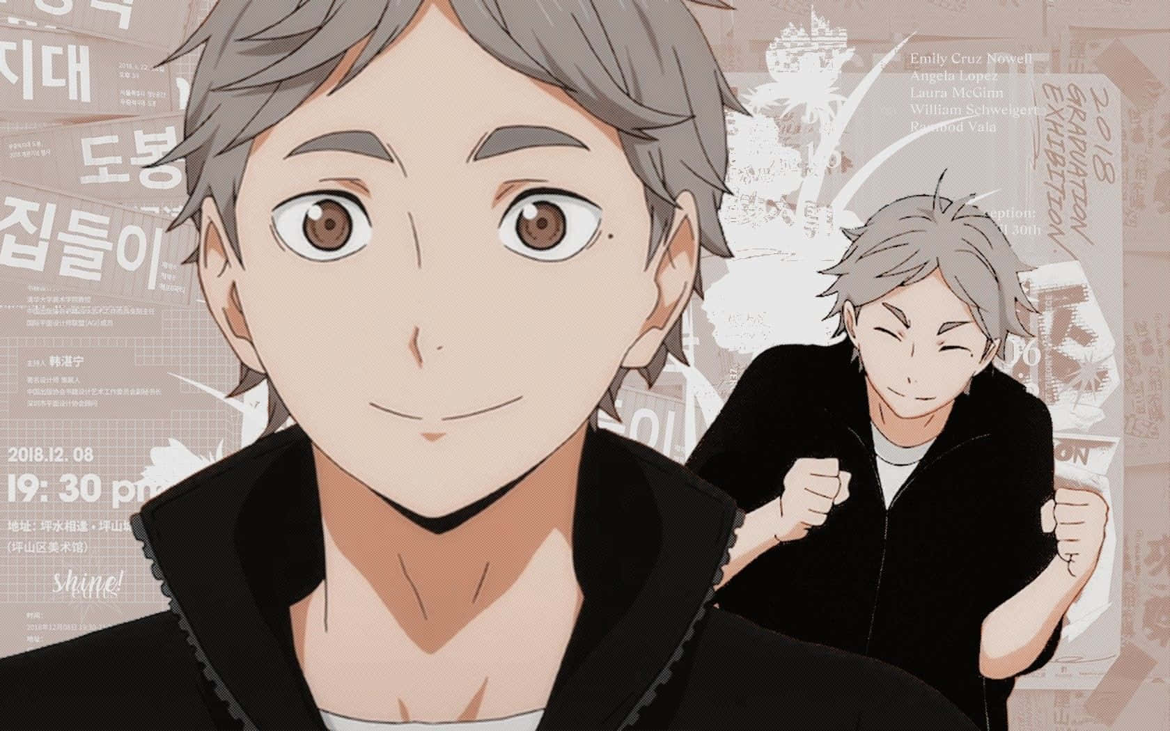 展現你的排球熱情！Haikyuu 美學桌面壁紙 壁紙 — 灰色頭髮和棕色眼睛的動漫角色在充滿海報和文字的背景下溫暖地微笑。