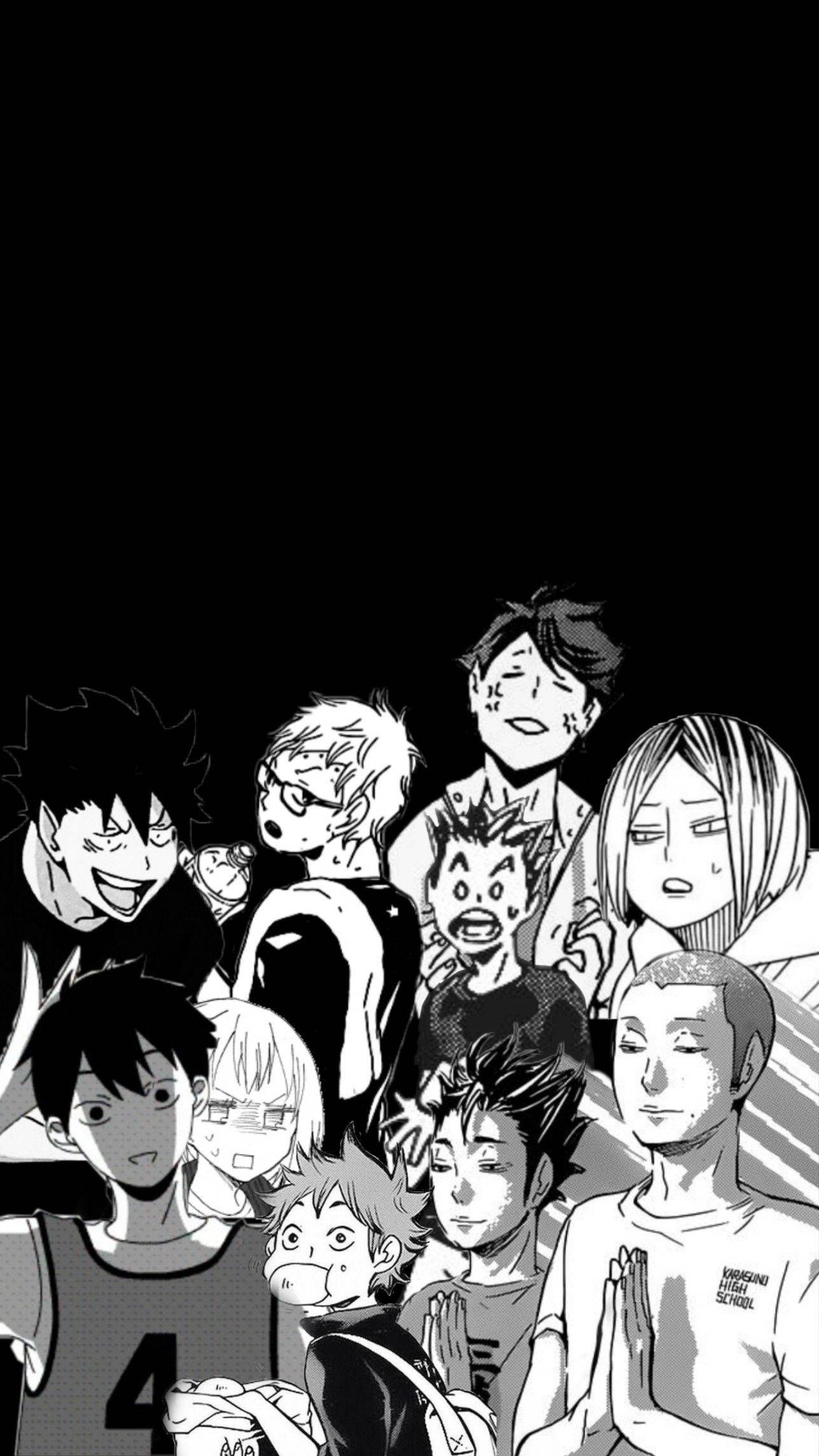 黑白動漫風格：排球少年 Haikyuu 壁紙 — 一幅黑白漫畫風格的多樣化動漫角色群像，表情豐富，姿勢動感。