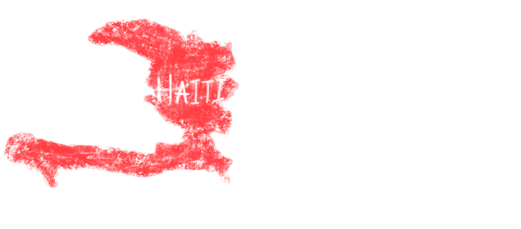 Haiti Map Outline 壁紙 — 一個大膽的紅色海地輪廓，以白色勾勒在黑色背景上，中間有「HAITI」字樣。