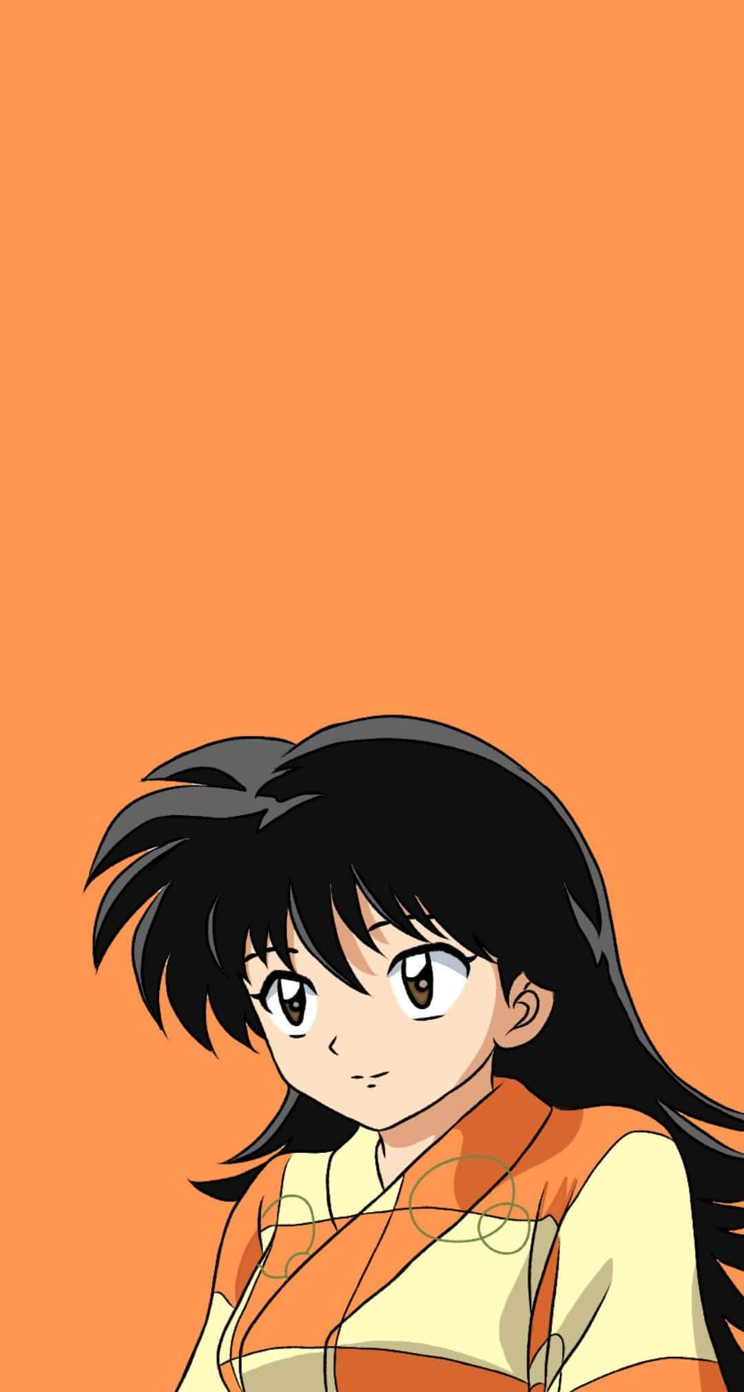 Inuyasha And Rin 桌布 壁紙 — 黑髮橙衣的動漫女孩在純橙色背景上向上凝視。