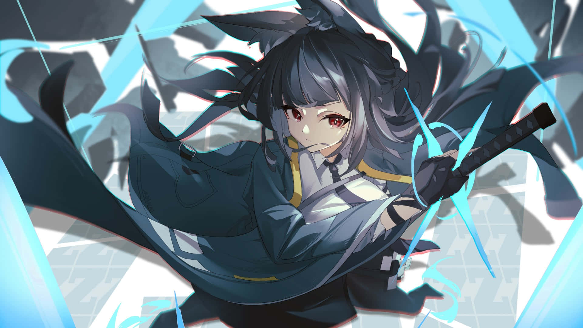  壁紙 — 黑髮紅眼動漫少女在破碎玻璃碎片中揮舞著發光的藍色劍。