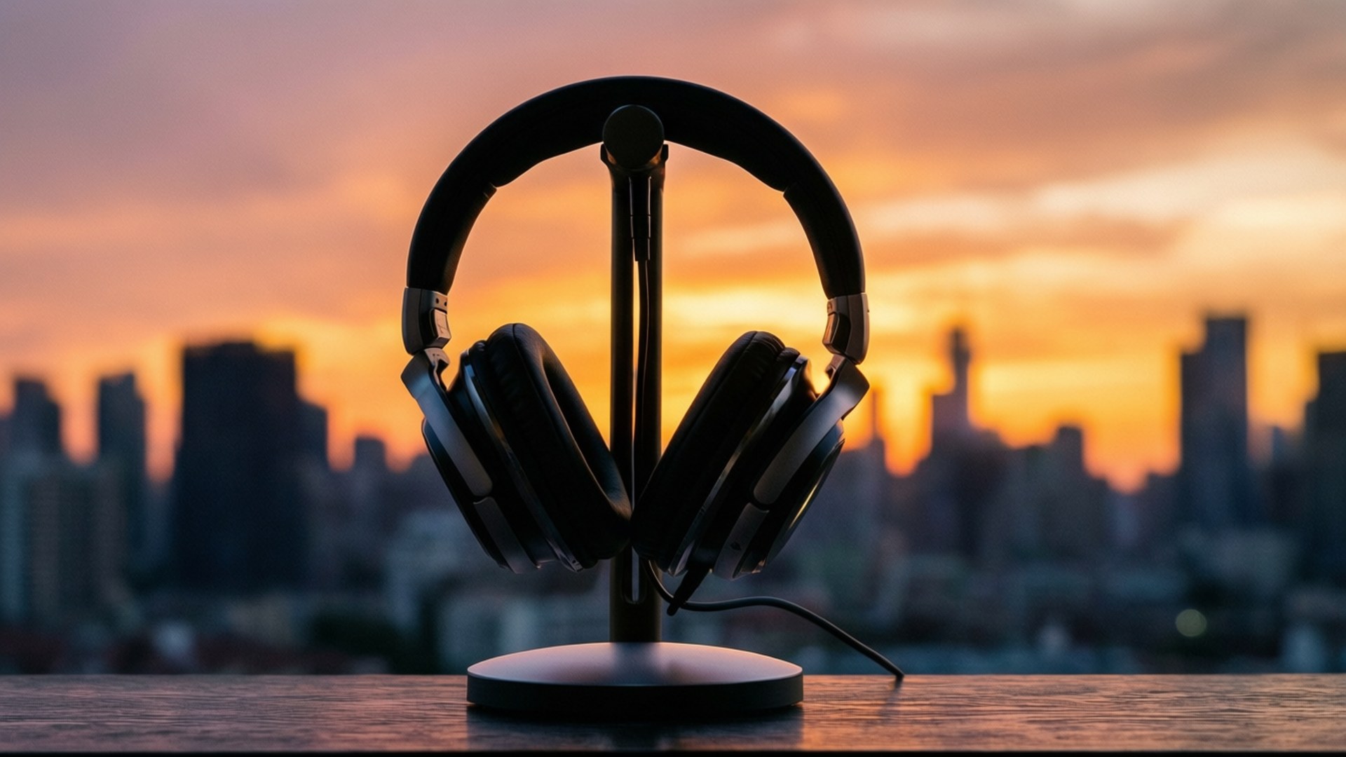 Urban Beats 壁紙 — 黑色頭戴式耳機放在支架上，背景是溫暖的日落城市天際線。