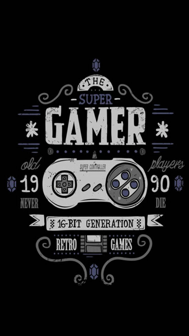 帶有「The Super Gamer」文字的復古遊戲控制器圖形。