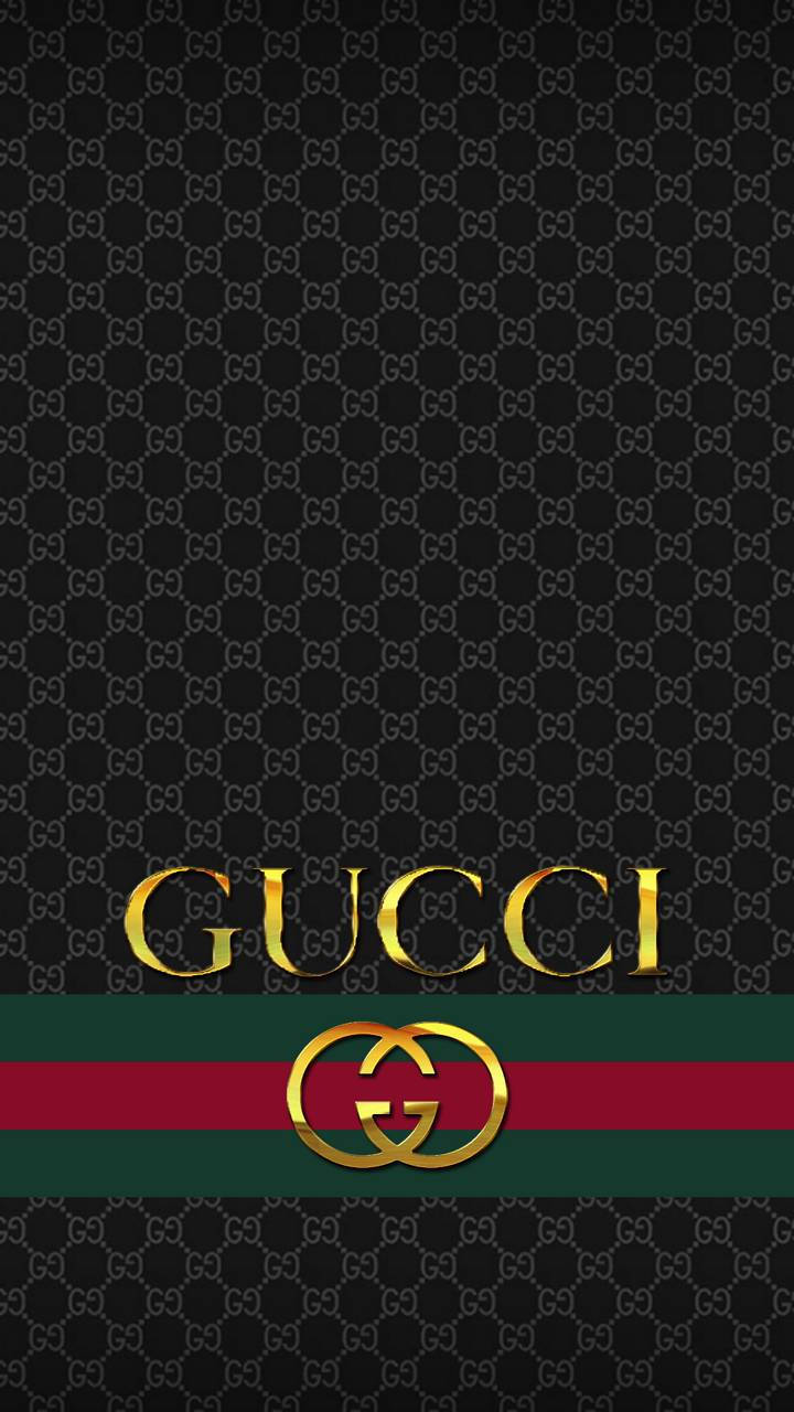 Gucci標誌在黑色背景上，帶有紅色和綠色條紋。