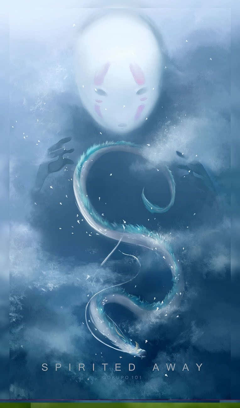 讓Haku的魔法帶你遠離塵世 壁紙 — 一個帶有粉紅色標記的幽靈般白色靈魂，漂浮在迷霧雲層中盤旋的藍色龍之上。
