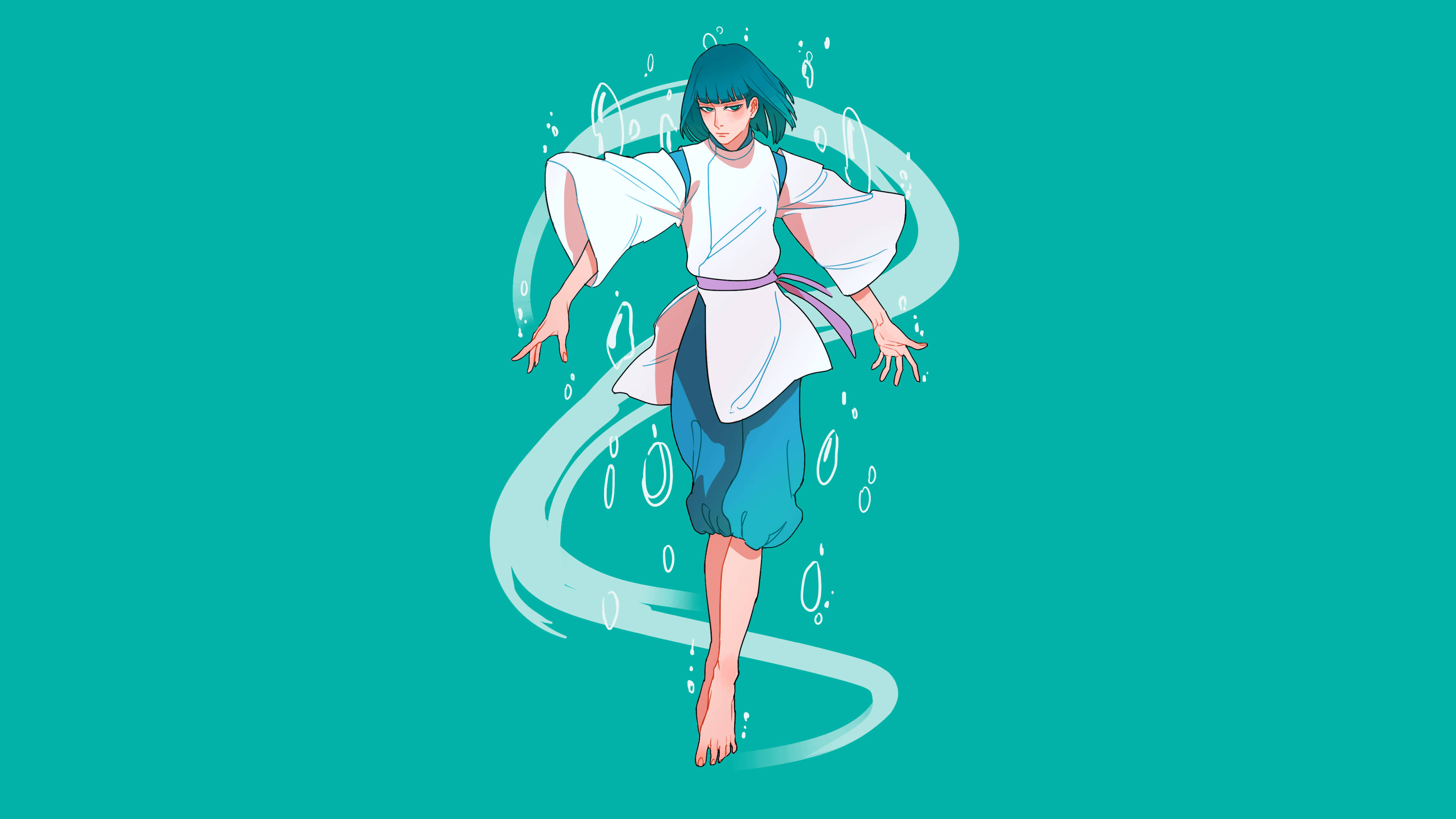 《千與千尋》中白龍 Haku 的迷人畫面 壁紙 — 一個風格化的動漫女孩，擁有青綠色頭髮和白色長袍，在純青綠色背景上旋轉的水泡中跳舞。