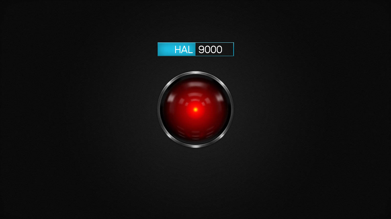 HAL 9000 的紅色發光眼睛，帶有藍色標籤，背景為黑色。