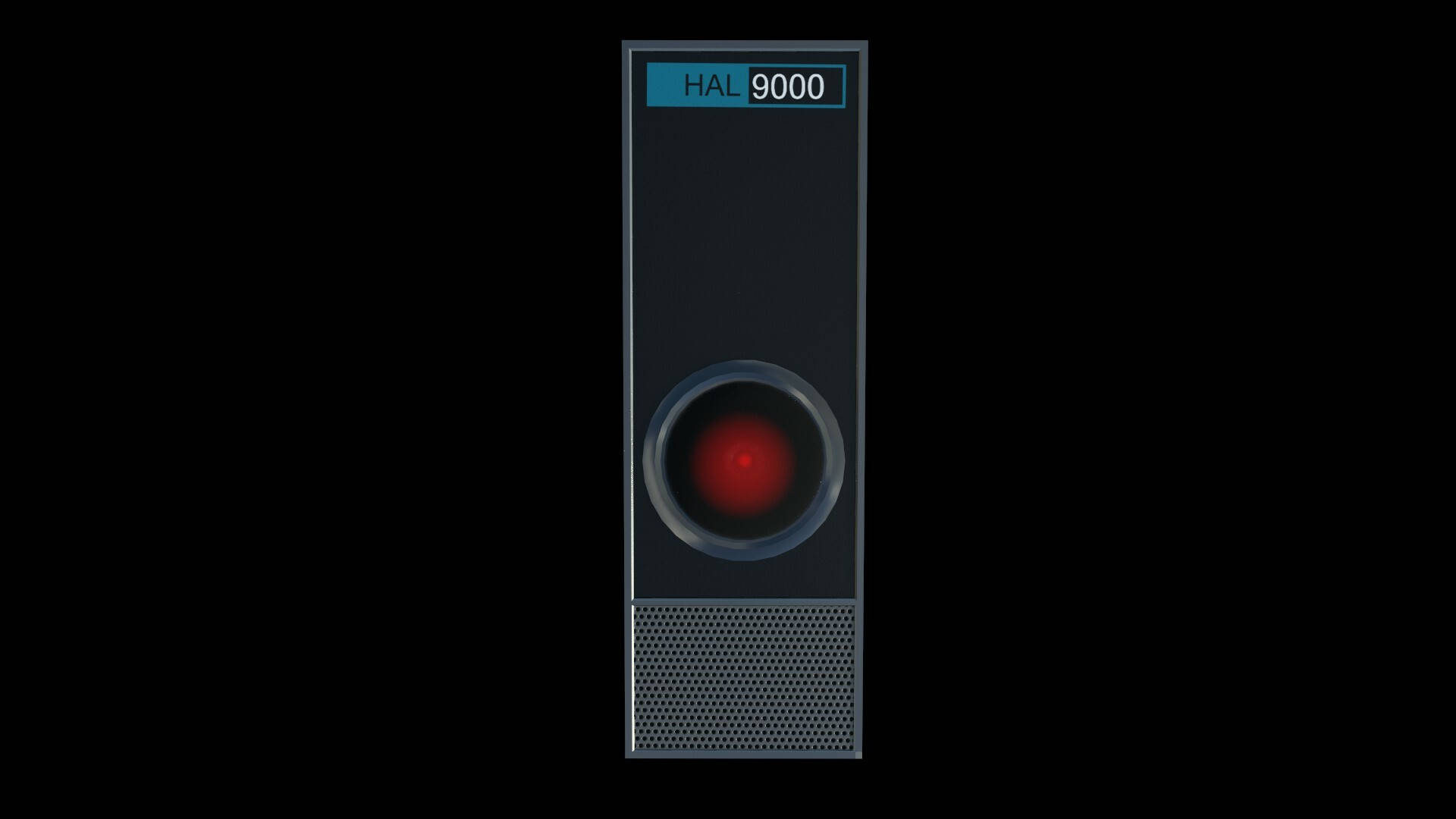 HAL 9000電腦，帶有紅色眼睛和藍色顯示屏，背景為黑色