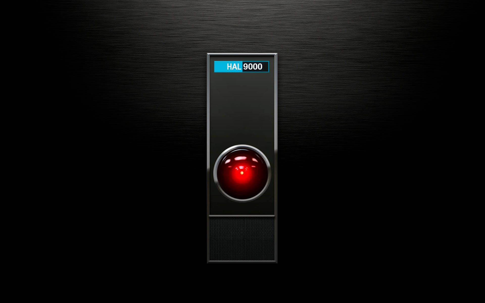 拉絲金屬背景上帶有紅色眼睛和藍色標籤的HAL 9000電腦