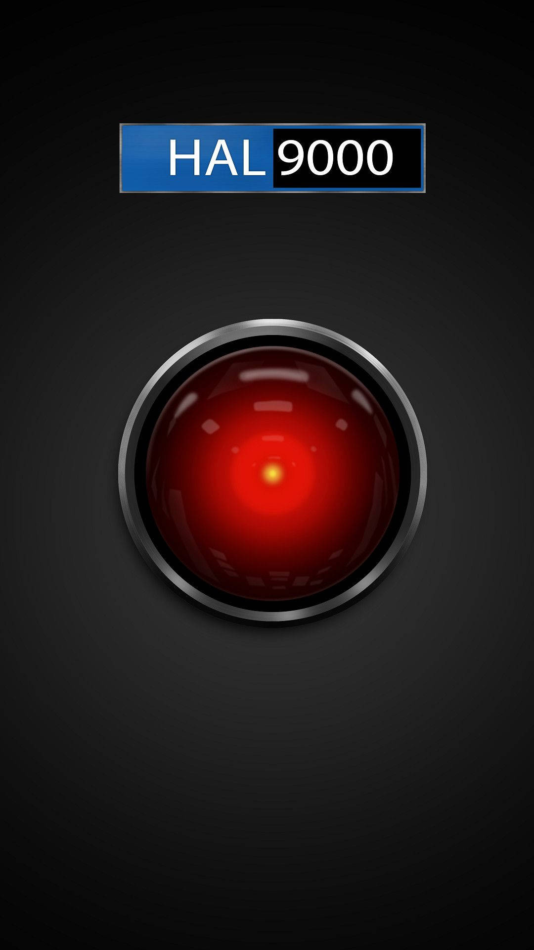 HAL 9000 的紅色發光眼睛，帶有藍色標籤，背景為深色。