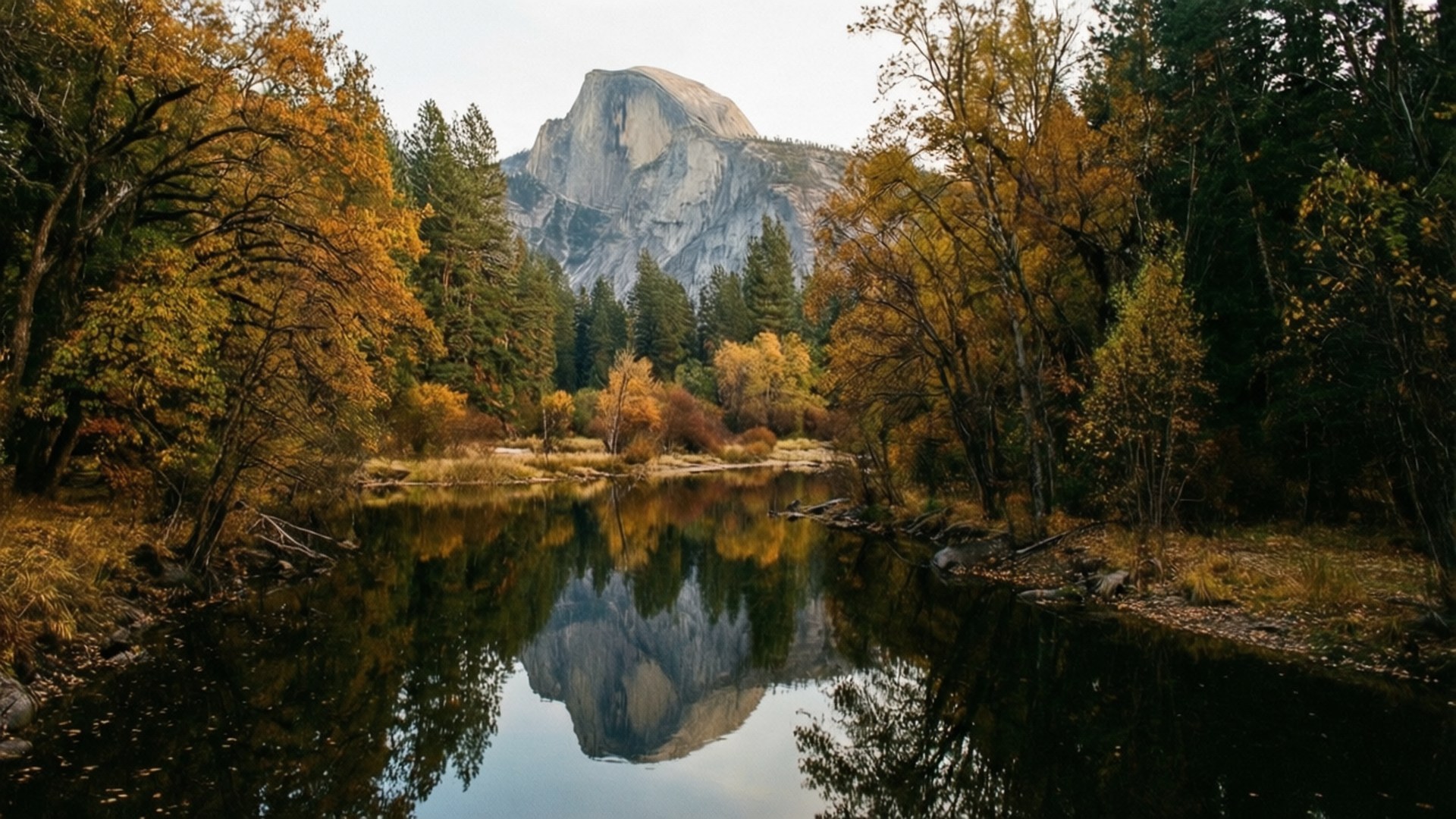 Half Dome 山倒映在平靜的河流中，周圍環繞著秋樹