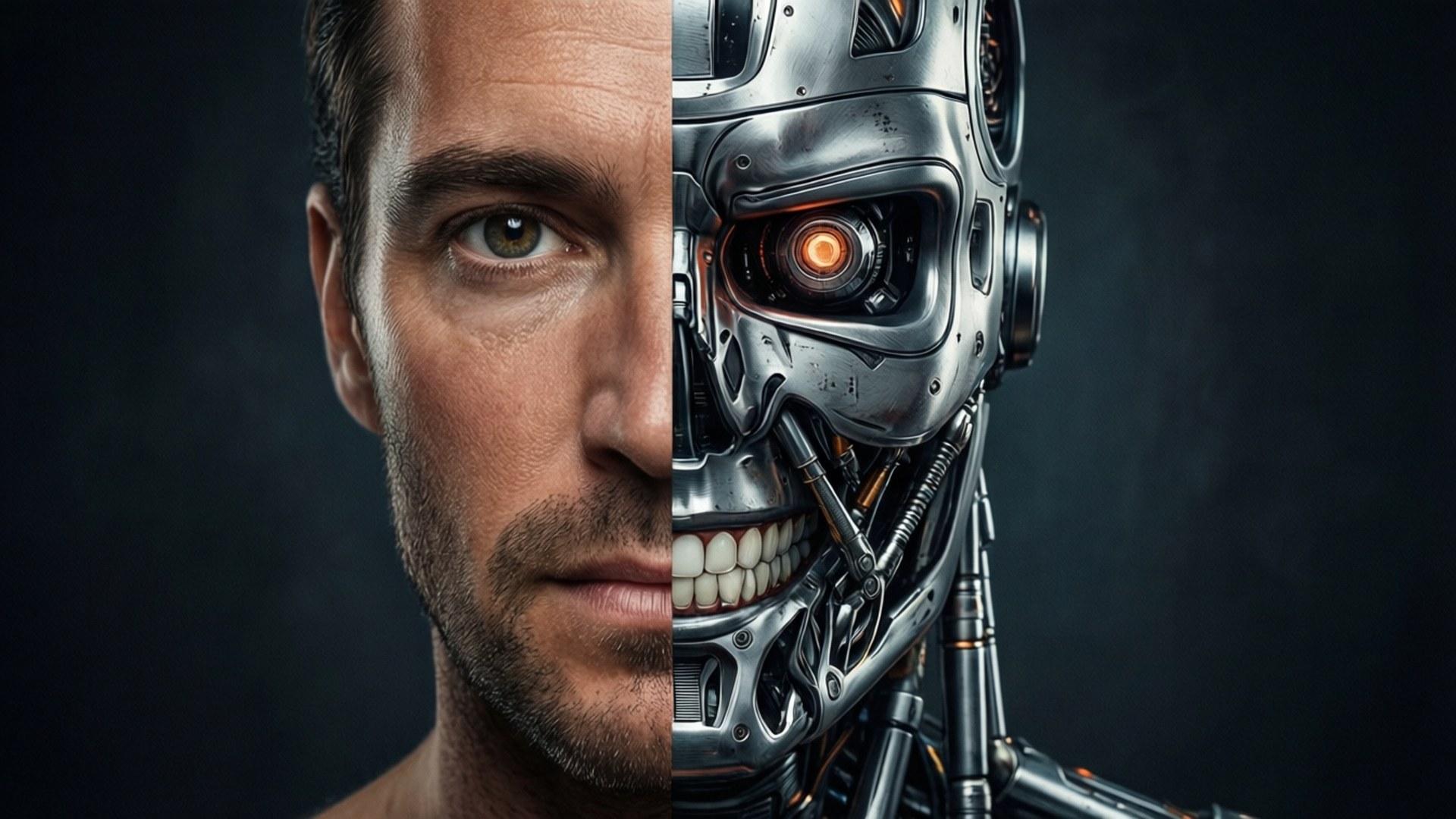 Human vs Cyborg Face 壁紙 — 一張人臉從中間分開，一側是有機的，另一側是金屬機械人，帶有發光的橙色眼睛。