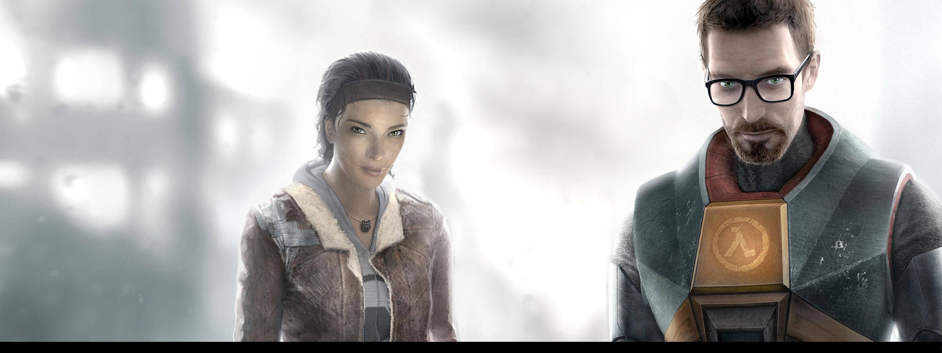 《Half-Life》不屈英雄：戈登·弗里曼與艾莉克斯·範斯 壁紙 — 來自《戰慄時空》系列的兩個角色並肩站在霧氣瀰漫的工業環境中，色調柔和。