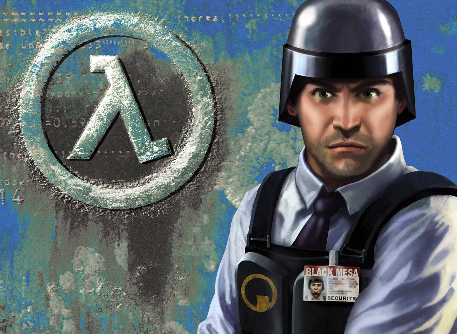 Half-Life 巴尼·卡爾霍恩 壁紙 — 一名穿著頭盔和背心的黑山保安人員站在一個佈滿塗鴉的牆壁前，牆上有一個風化的Lambda符號。