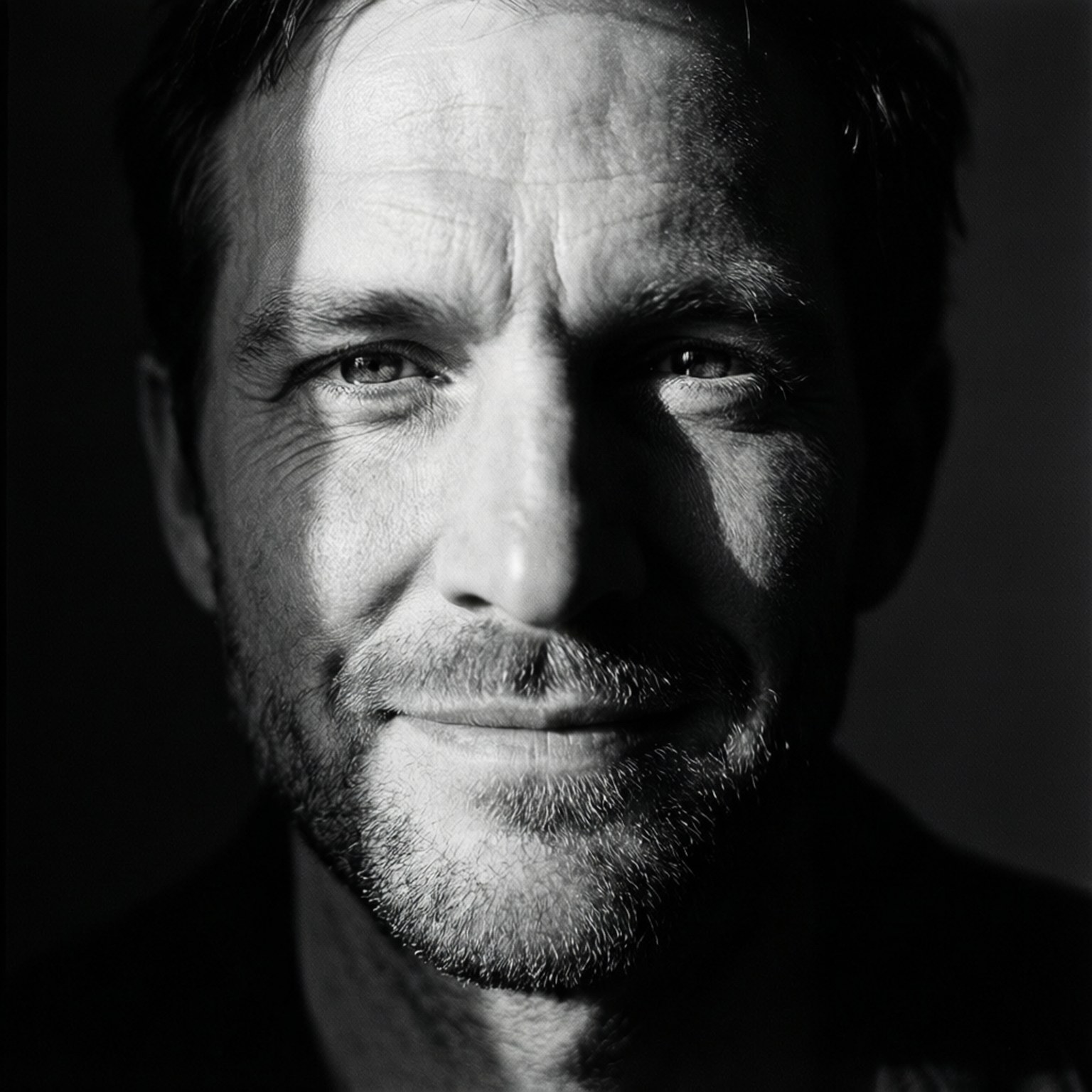 近距離黑白肖像，一位微笑含蓄、眼神深邃的男子。