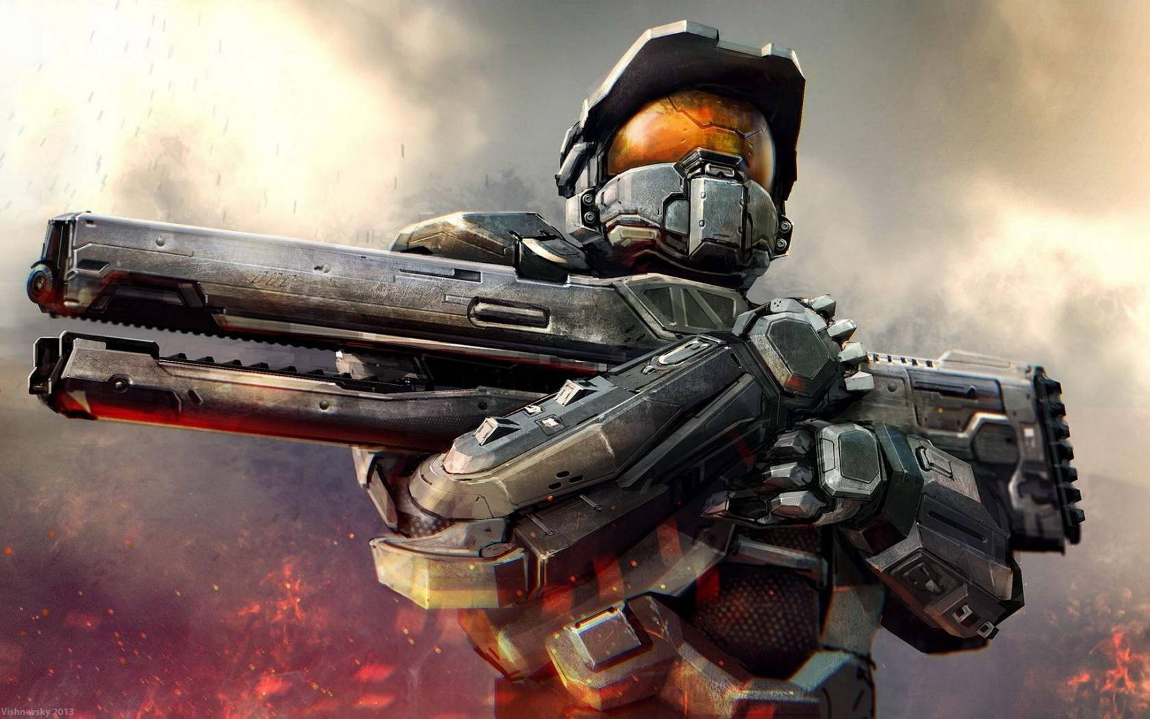 Halo 4 斯巴達戰士持磁軌砲 壁紙 — 一名身穿未來盔甲的斯巴達戰士，在煙霧和發光餘燼的熾熱戰場背景下，手持重型武器。