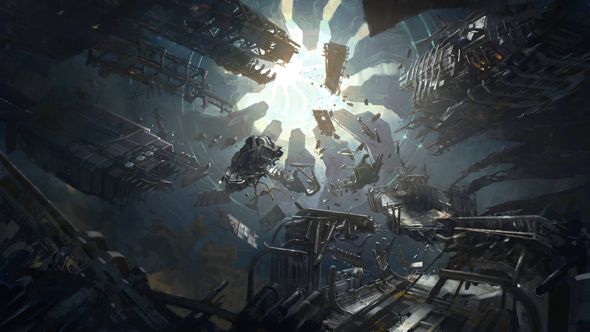 Halo 4 概念藝術 壁紙 — 破碎的未來城市景觀，漂浮的碎片和從中心爆發的輻射光。