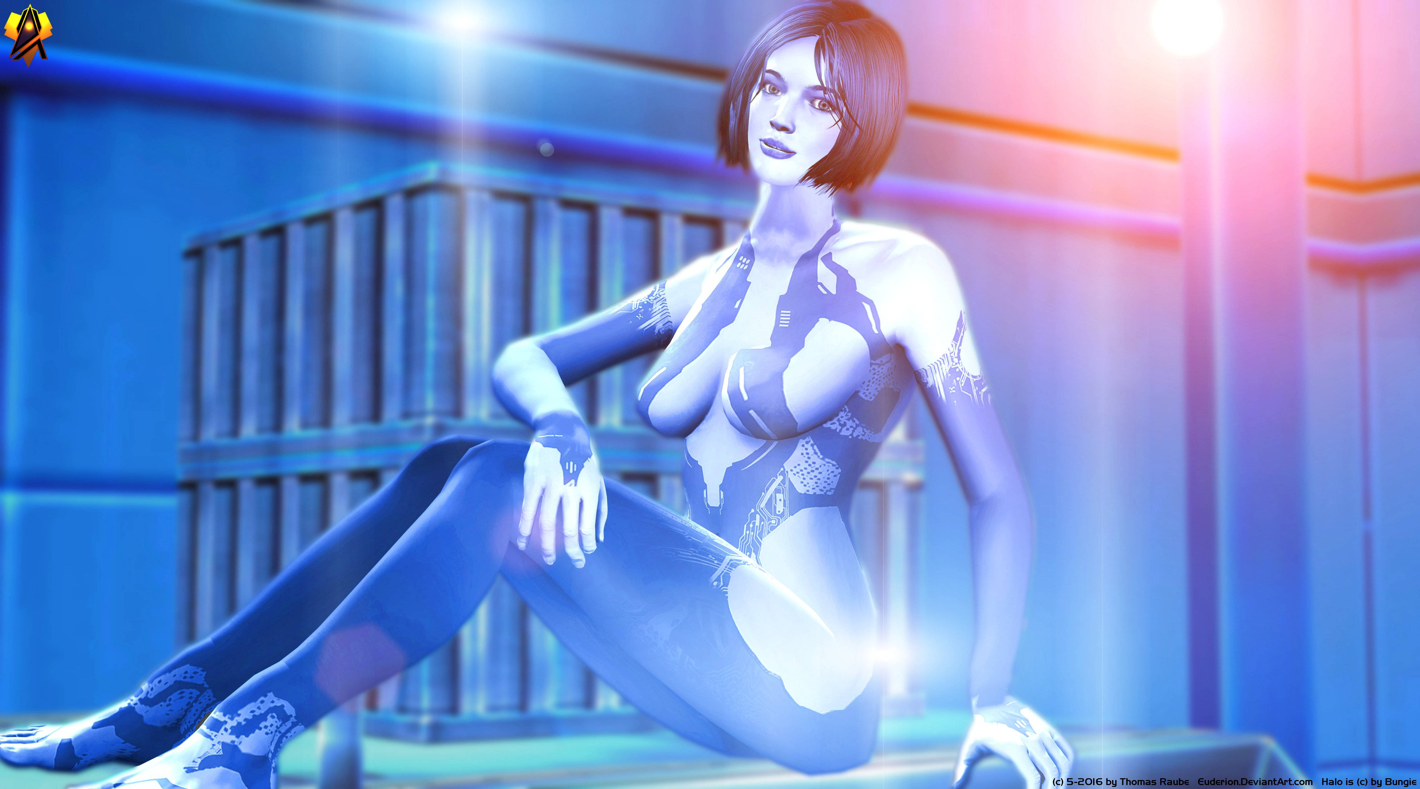 Halo 4 科塔娜 壁紙 — 一位風格化的動漫短髮女性優雅地坐在一個帶有發光高光的未來主義藍色房間裡。