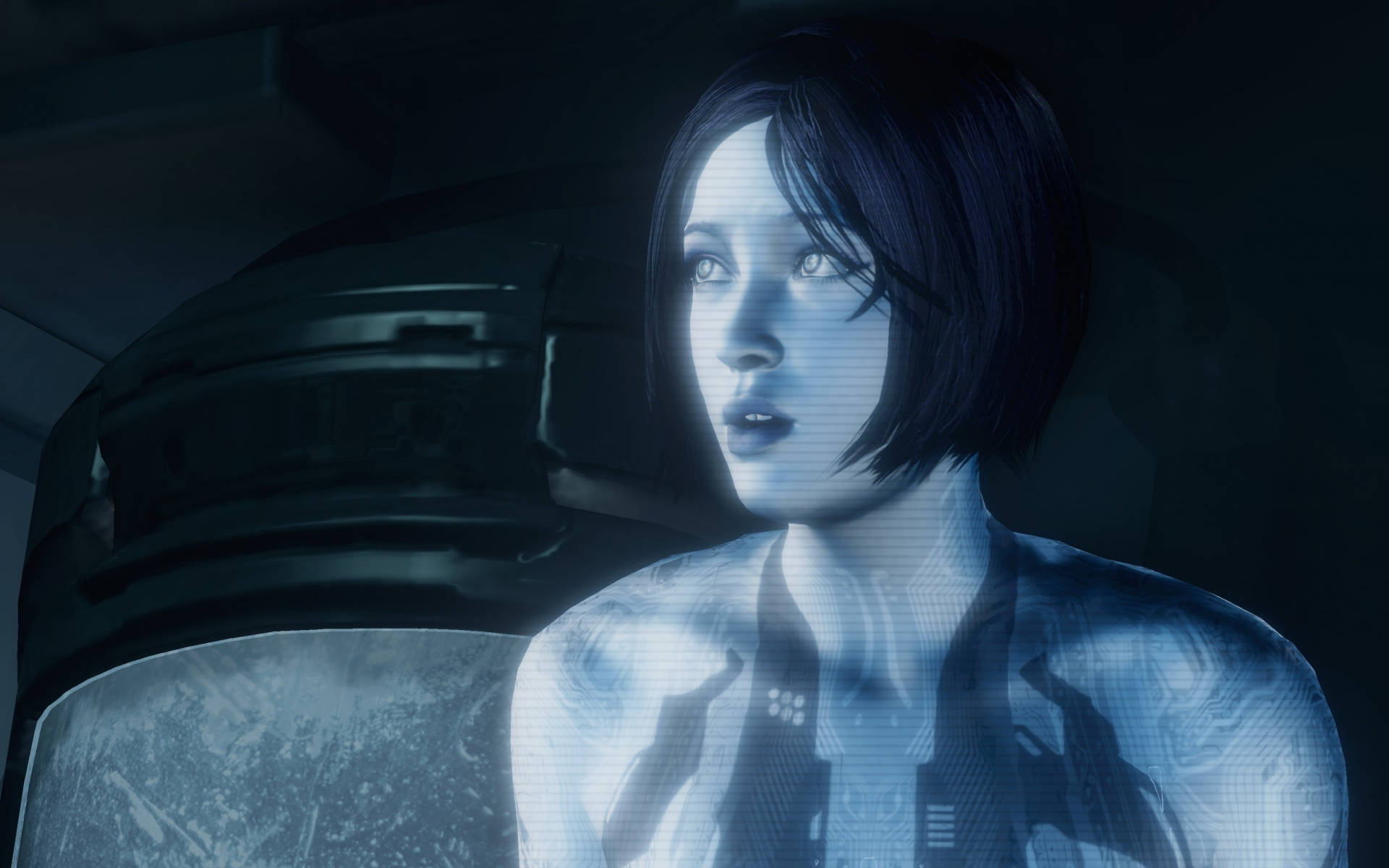 Halo 4 角色庫爾塔娜 壁紙 — 一位發光藍色全息短黑髮女性站在昏暗駕駛艙內，旁邊有一個未來風格的頭盔。