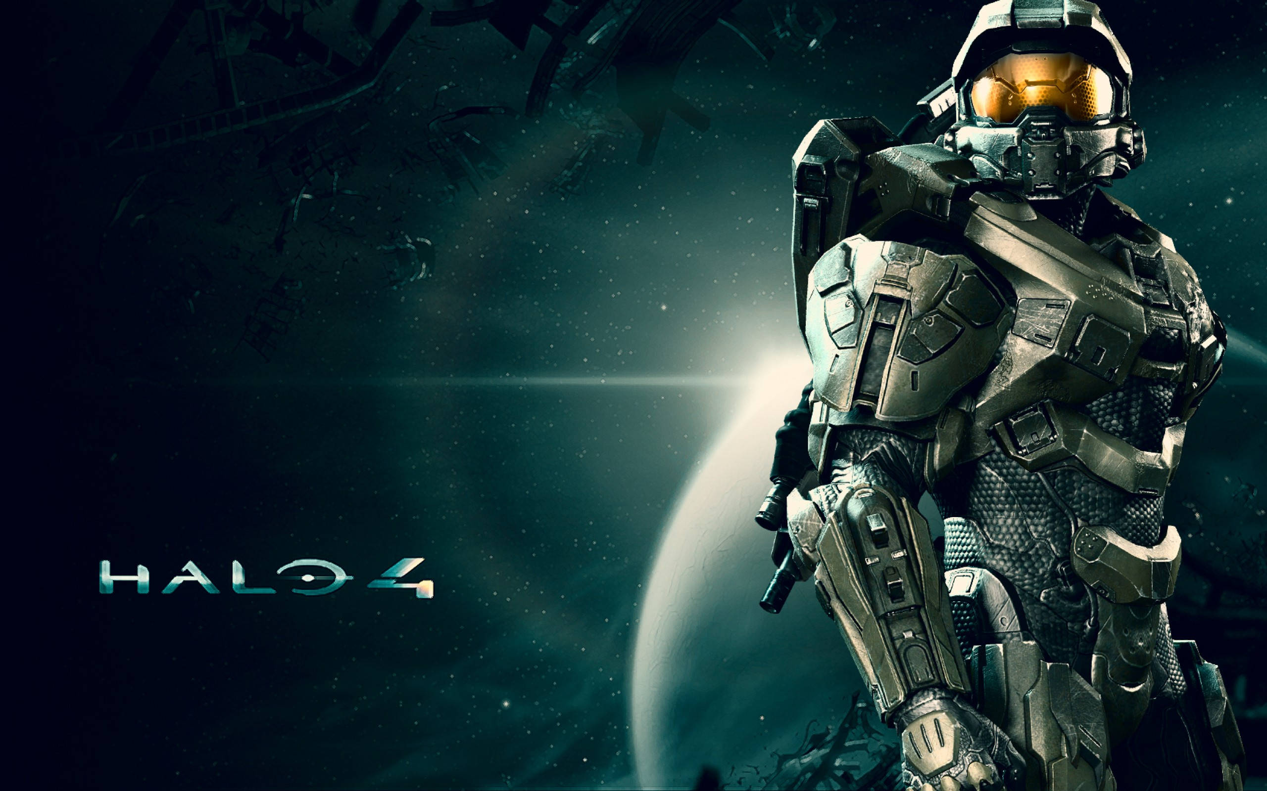Halo 4 電子遊戲封面藝術 壁紙 — 一名身穿未來裝甲的斯巴達戰士站在星空背景下，背景中有一顆發光的行星和Halo 4標誌。