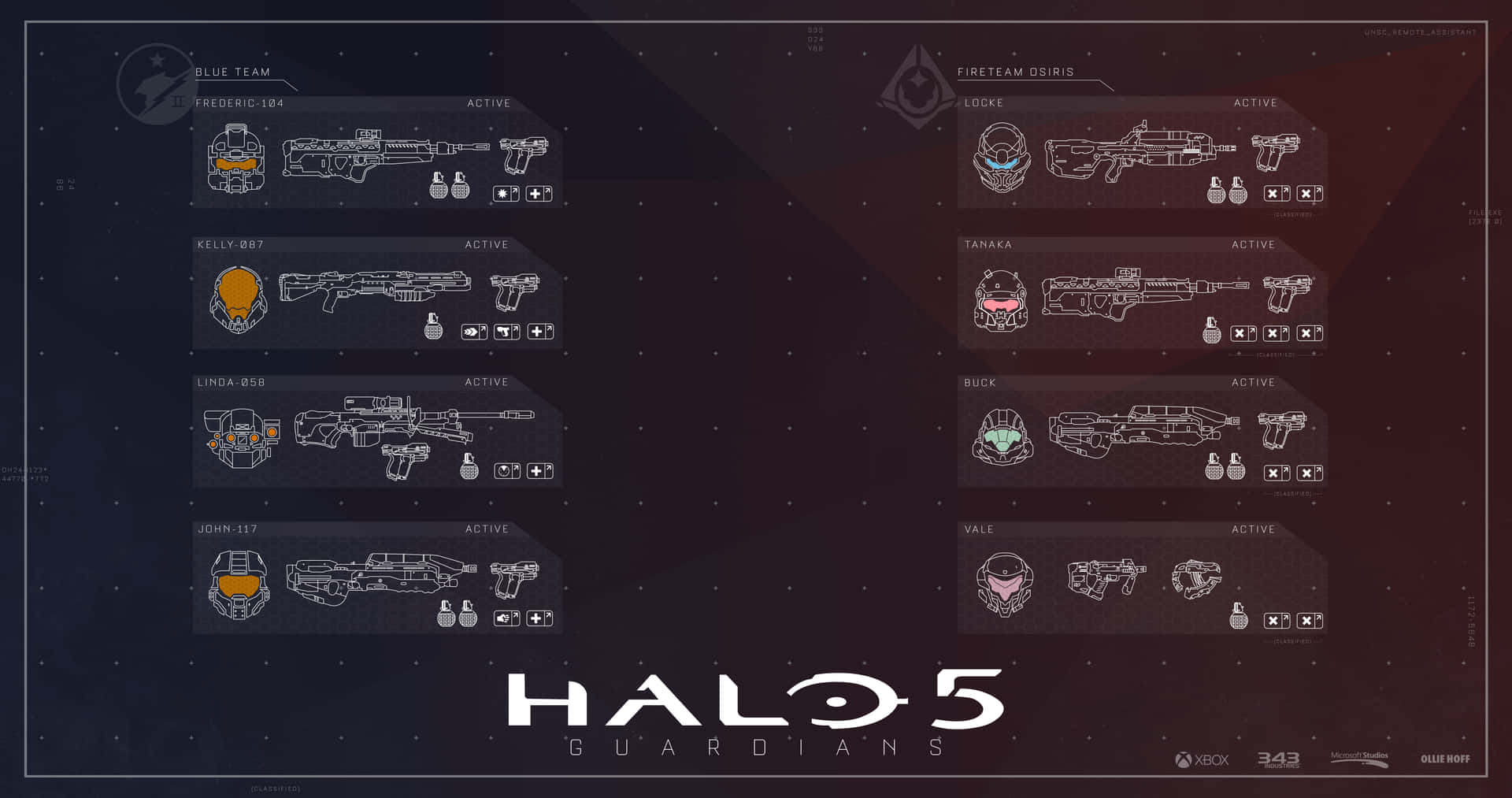 Halo 5 Guardians 遊戲武器和玩家裝備畫面，在黑暗背景上帶有發光的白色輪廓。