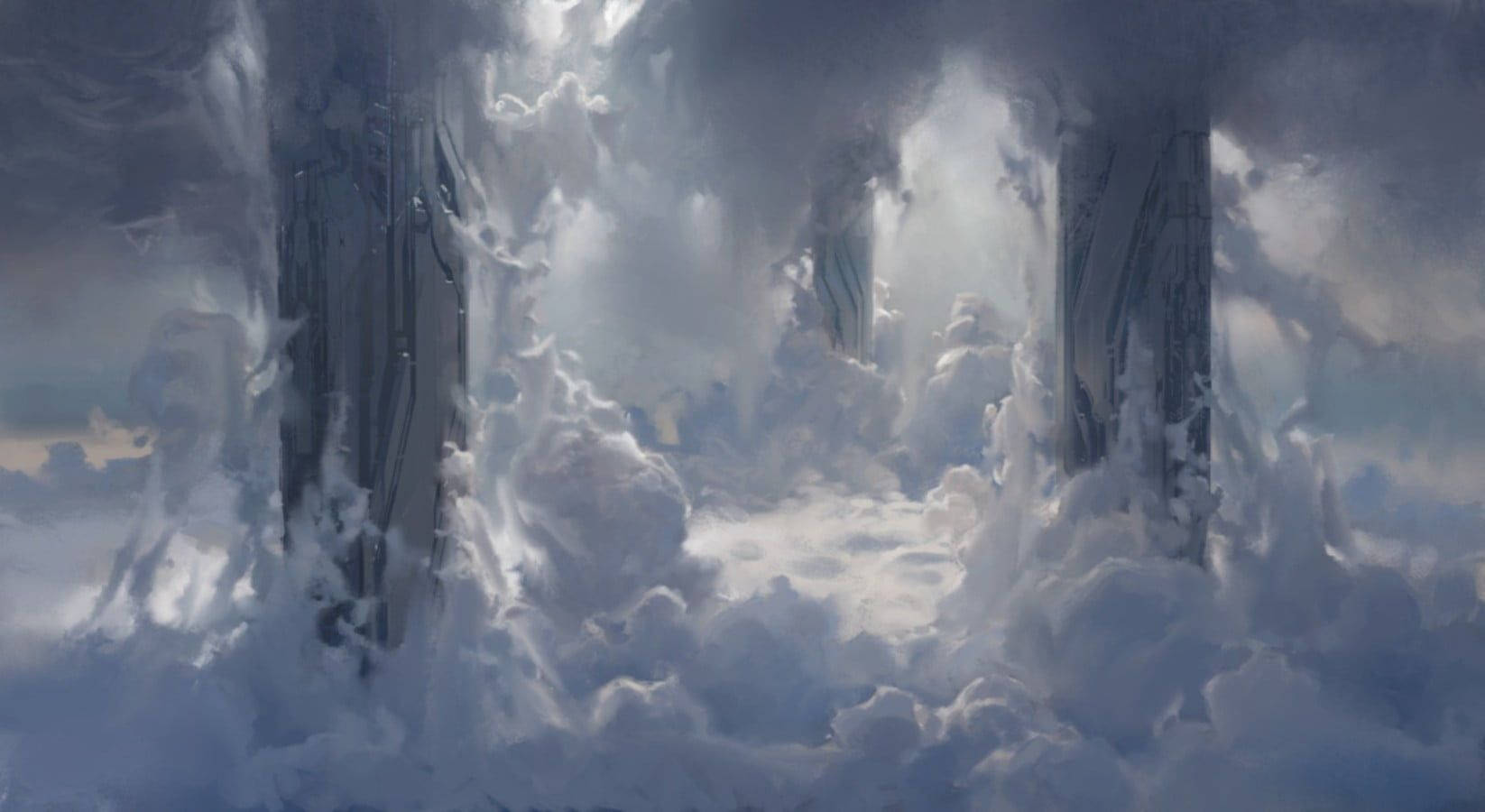 Halo Infinite 天際巨柱 壁紙 — 巨大的未來主義塔樓穿透旋轉的雲層，帶有戲劇性的燈光和霧氣瀰漫的氛圍。