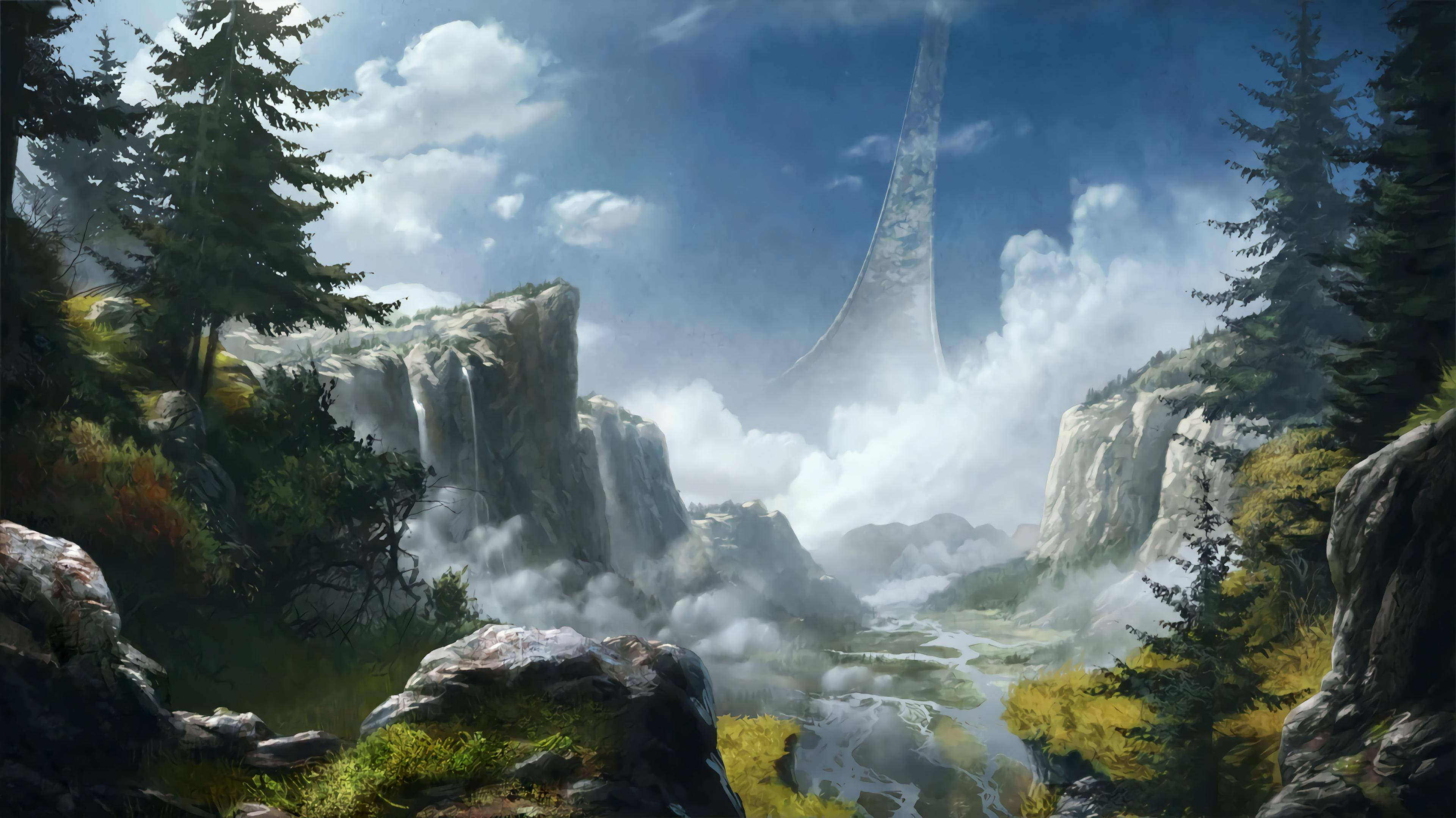Halo Infinite 森林風景 壁紙 — 一個霧氣瀰漫的山谷，有高聳的懸崖和河流，流經一個巨大的外星巨石，刺穿多雲的天空。