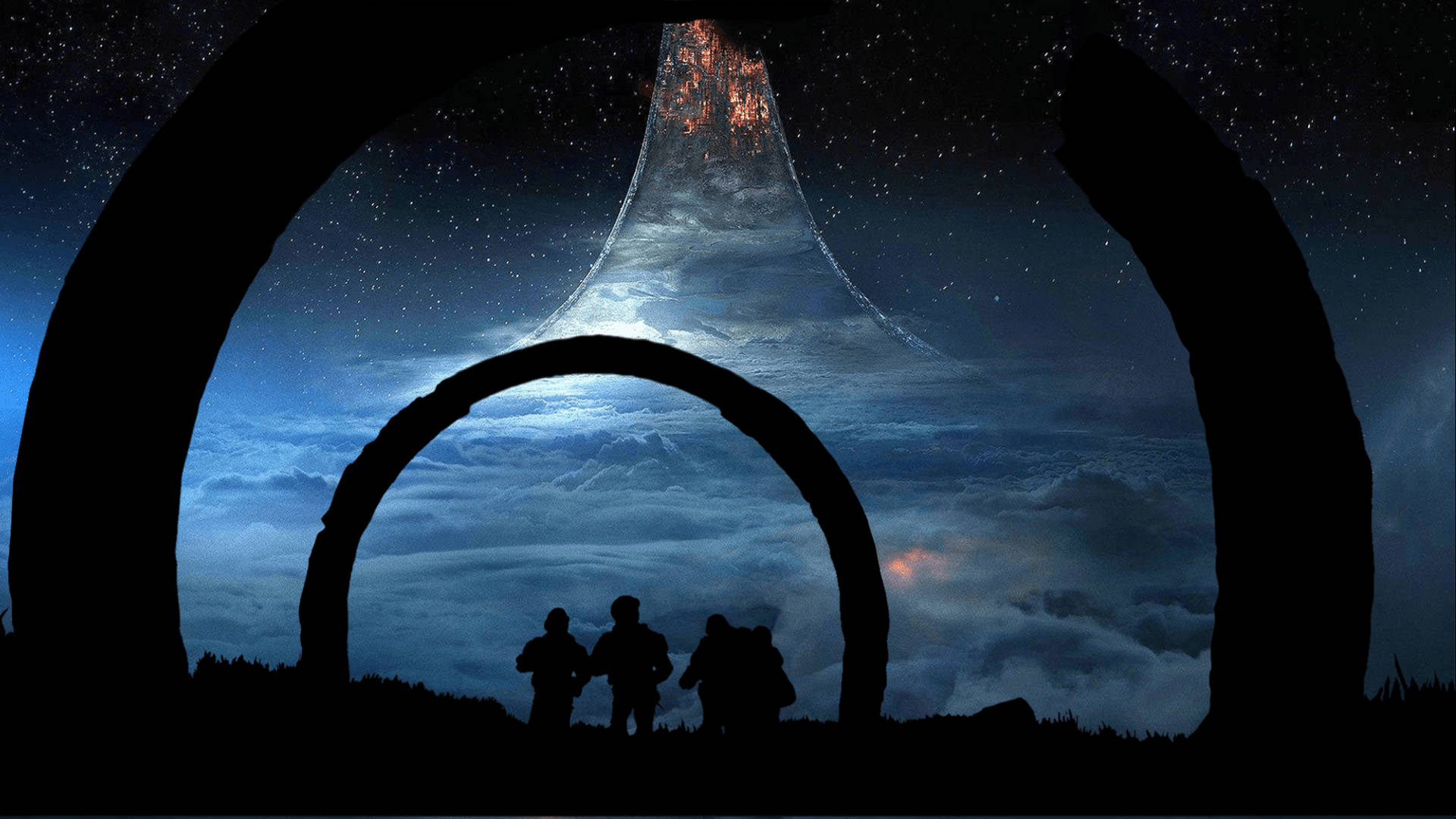 Halo Infinite 風景 壁紙 — 剪影人物站在巨大的石拱門下，凝視著一道發光的宇宙瀑布，穿過繁星點點的夜空傾瀉而下。