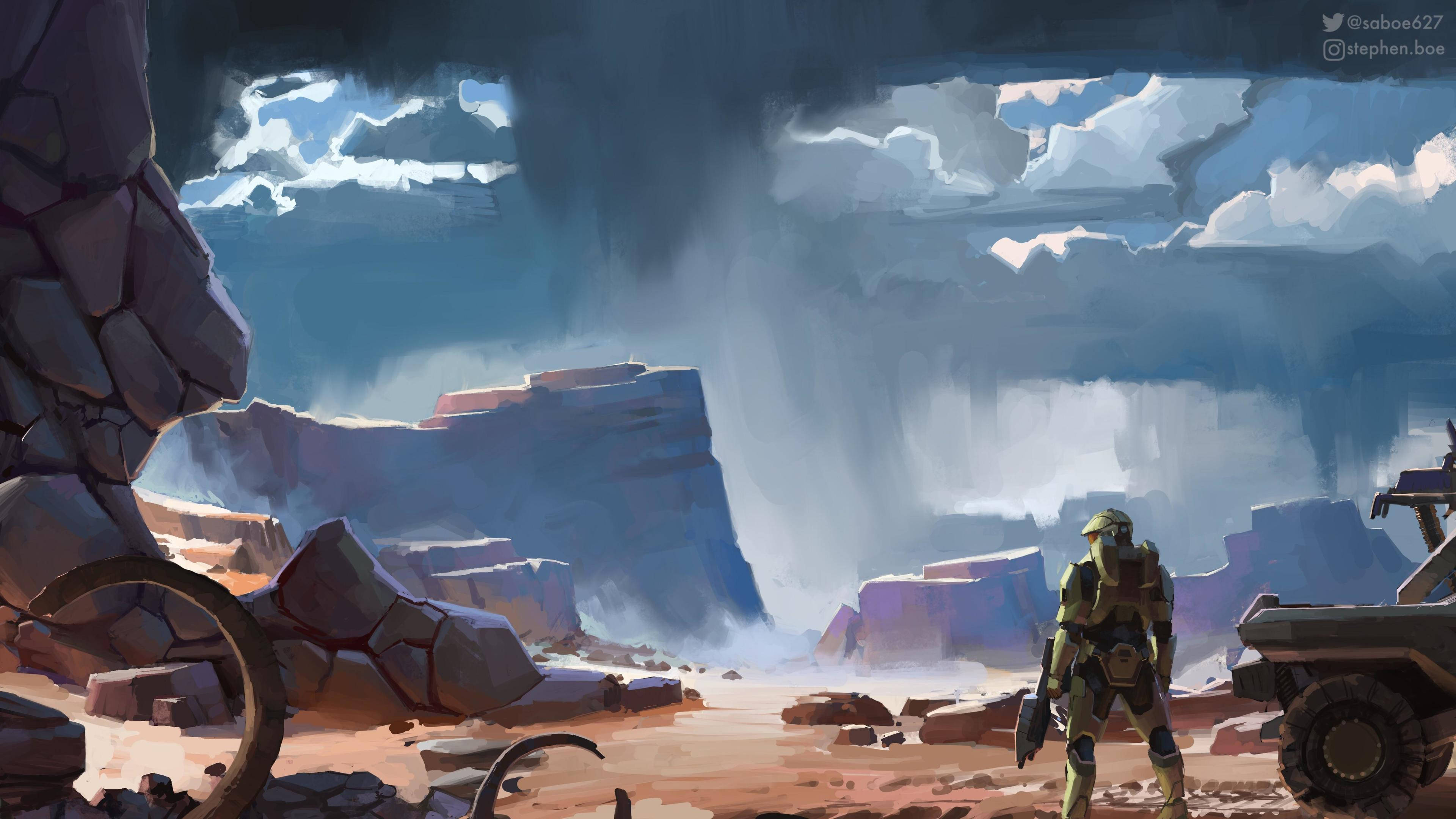 Halo Infinite 震撼力量展現 壁紙 — 一名孤獨的裝甲士兵站在荒涼的岩石峽谷中，天空風暴來襲，附近有一輛車輛。