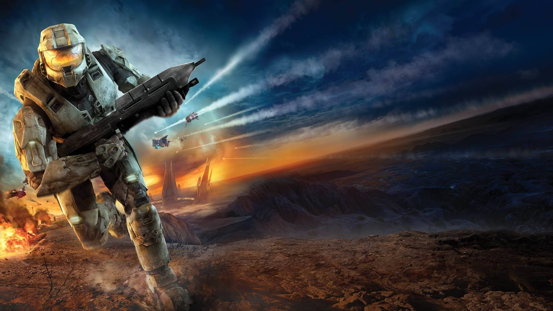 Halo Infinite 領袖戰士 壁紙 — 一名身穿盔甲的斯巴達戰士在熾熱的夕陽天空下，穿越戰火摧殘的外星景觀，空中還有飛行車輛。