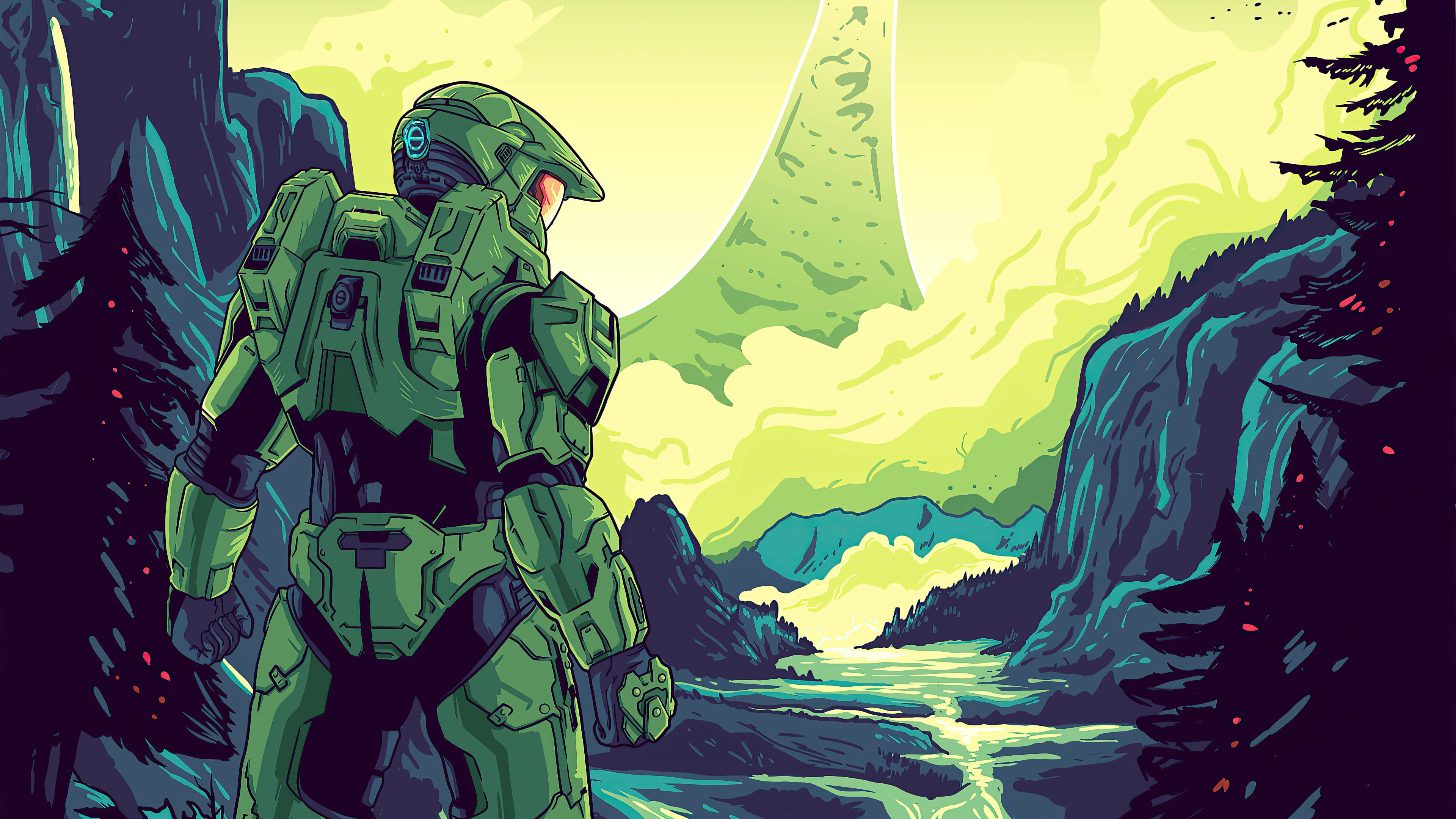 Halo Infinite 主將卡通版 壁紙 — 一名身穿綠色盔甲的士兵站在森林峽谷中，凝視著超現實黃色天空下發光的外星景觀。