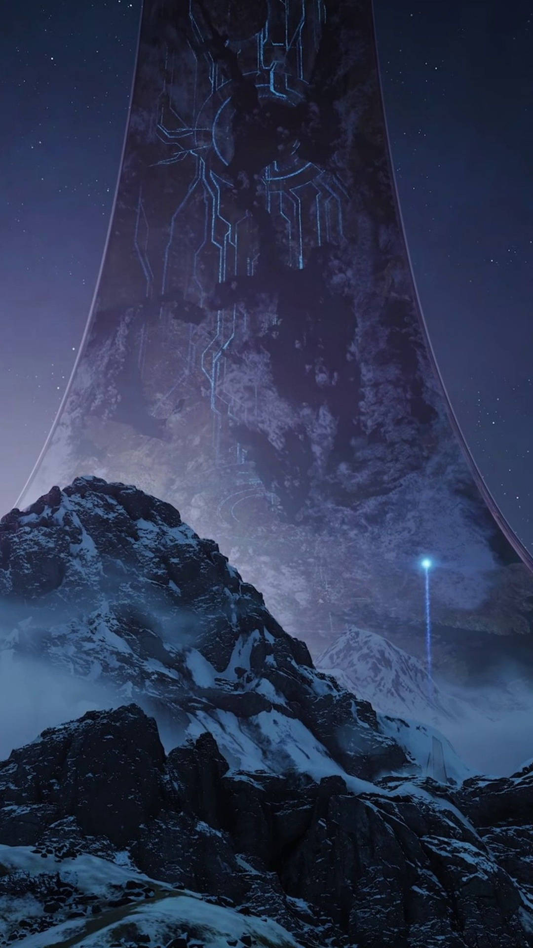 在星空下，白雪覆蓋的山脈上方有一個巨大的發光外星結構。