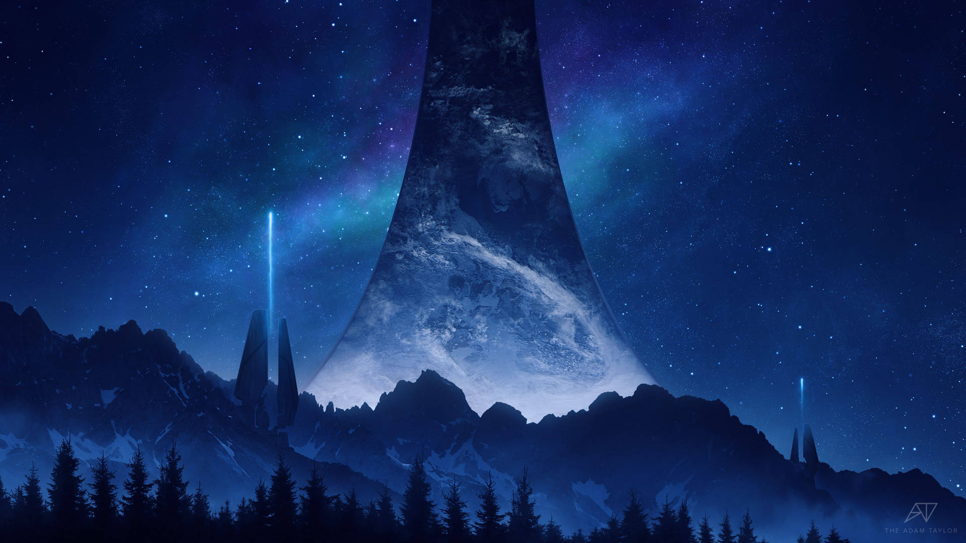 外星行星在星空下從雪山上升起，伴隨著發光的塔樓。