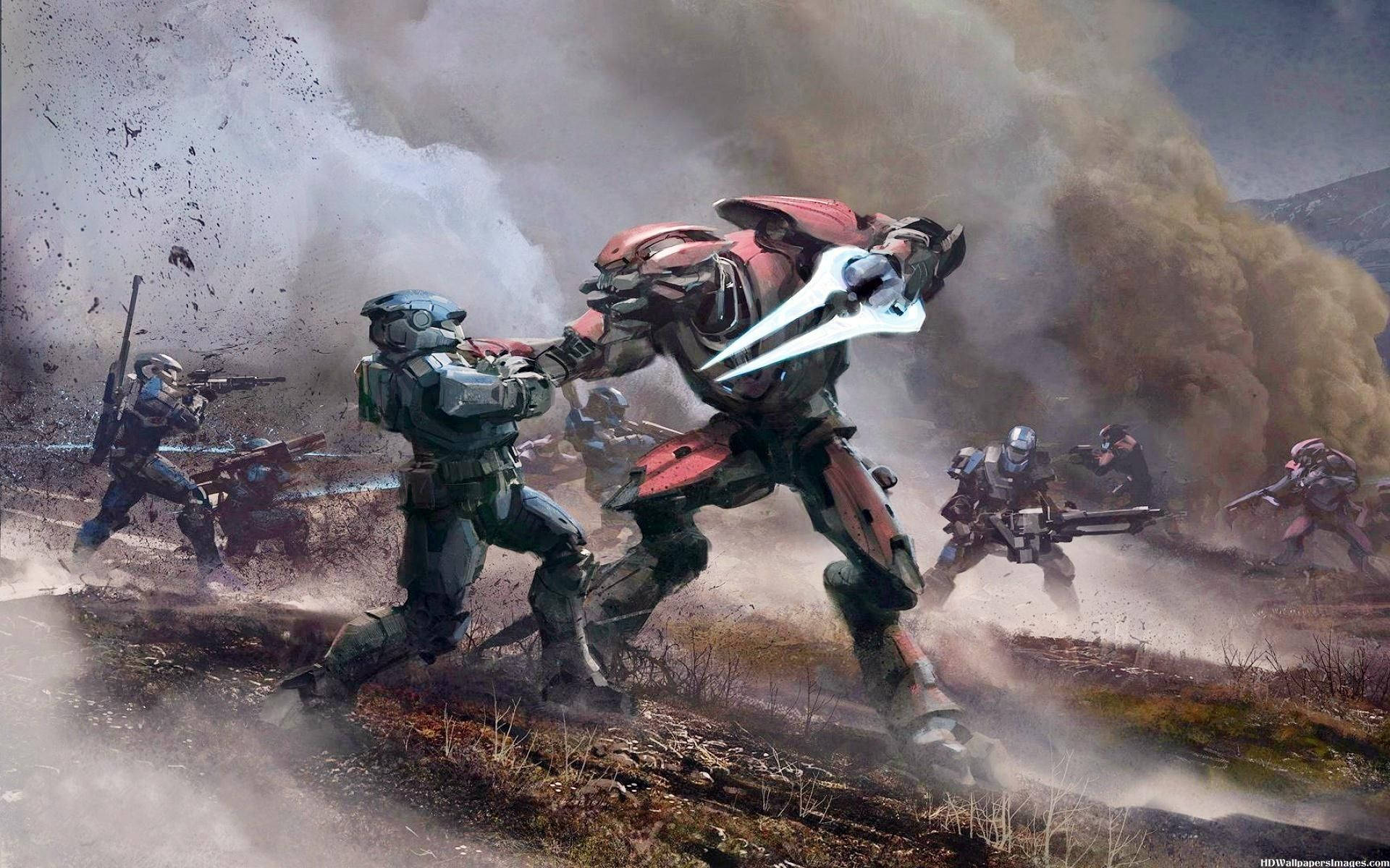 未來士兵在塵土飛揚的戰場上戰鬥，伴有爆炸和煙霧。
